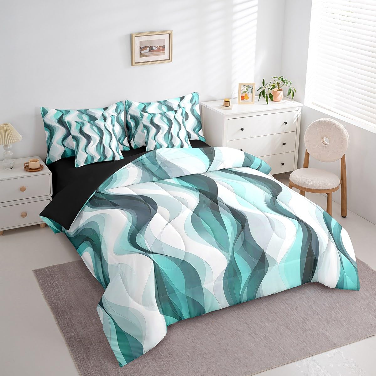 Erosebridal 7Pcs Teal Geometric Lines Queen Comforter Set,Turquoise Striped Bed in A Bag for Minimalist Women Men Adults,Modern Aesthetics Art Quilt,Contemporary Gradient Ombre Lines Quilt