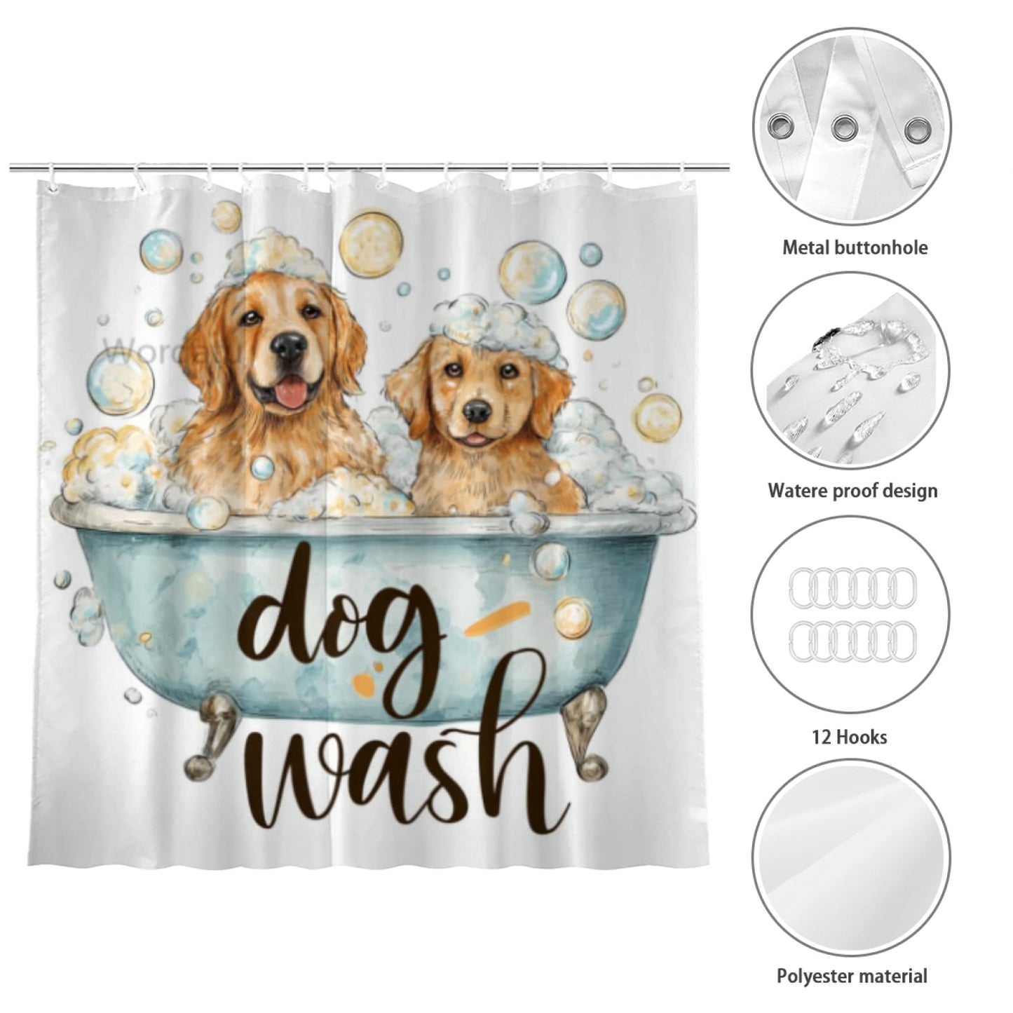 Wordatu Golden Retriever Cartoon Shower Curtain Playful Dogs in a Bathtub Pets Cloth Fabric Bathroom Decor Set with 12 Hooks 72x72 Inch