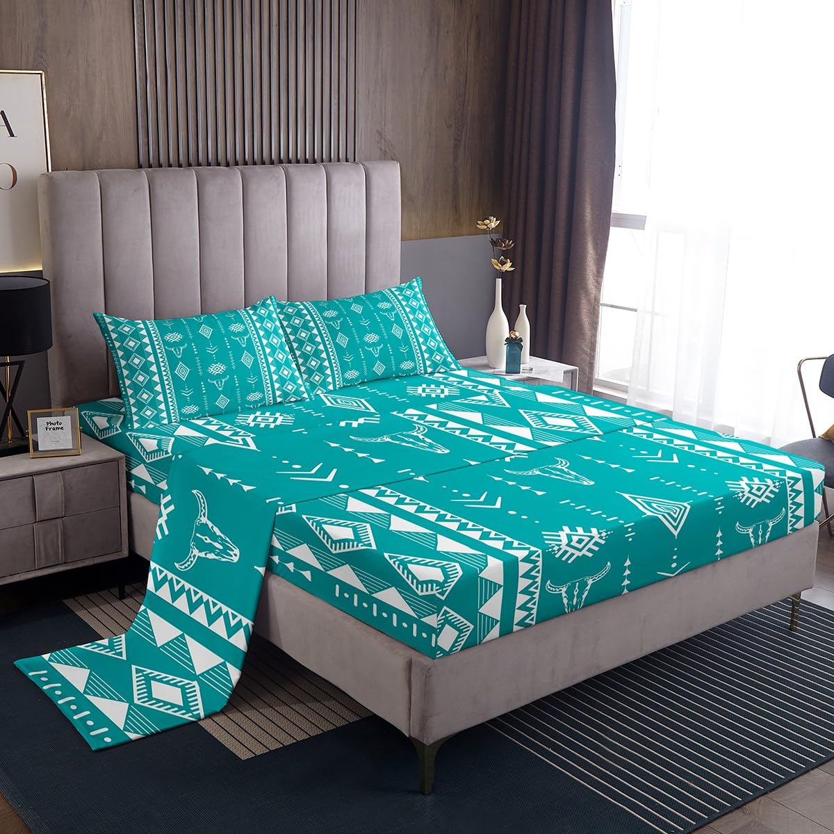 Erosebridal Western Aztec Boho Flat Fitted Sheet, Bull Skull Bed Sheets Set Full Size for Boys Girls Men Women Home Decor, Southwestern Cowboy Bedding Set, Ethnic Horns Bed Sets