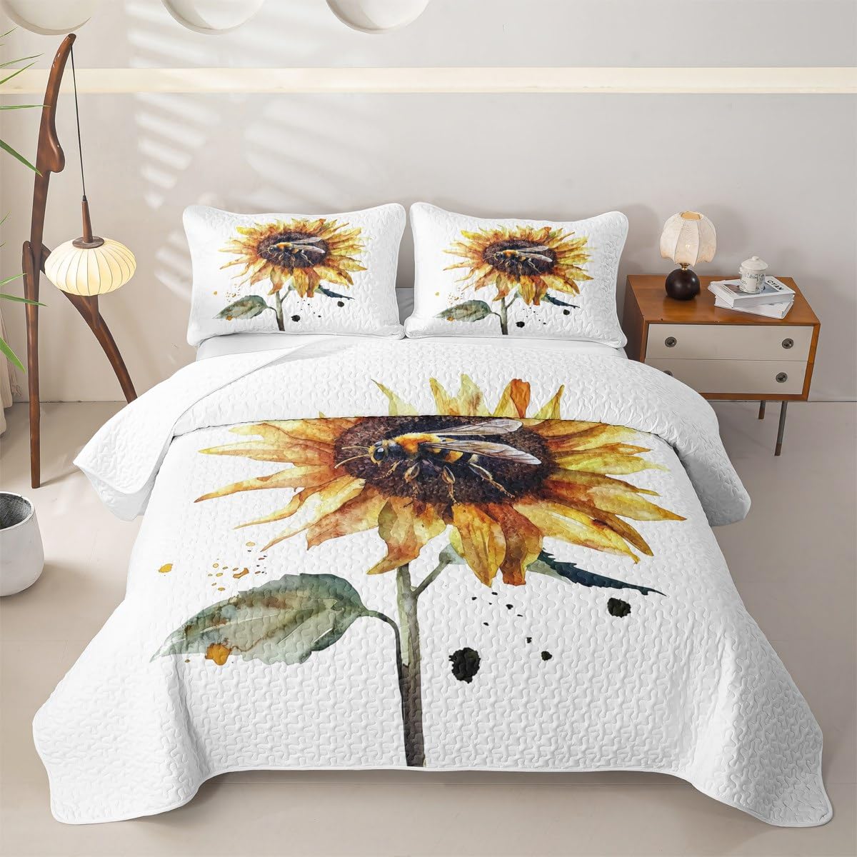 Erosebridal Sunflower Quilt Set Full Watercolor Sunflower Bedding Coverlet Garden Fresh Style Bedspread with 2 Pillowcases All Season Girl Women Soft Bed Lightweight Comforter