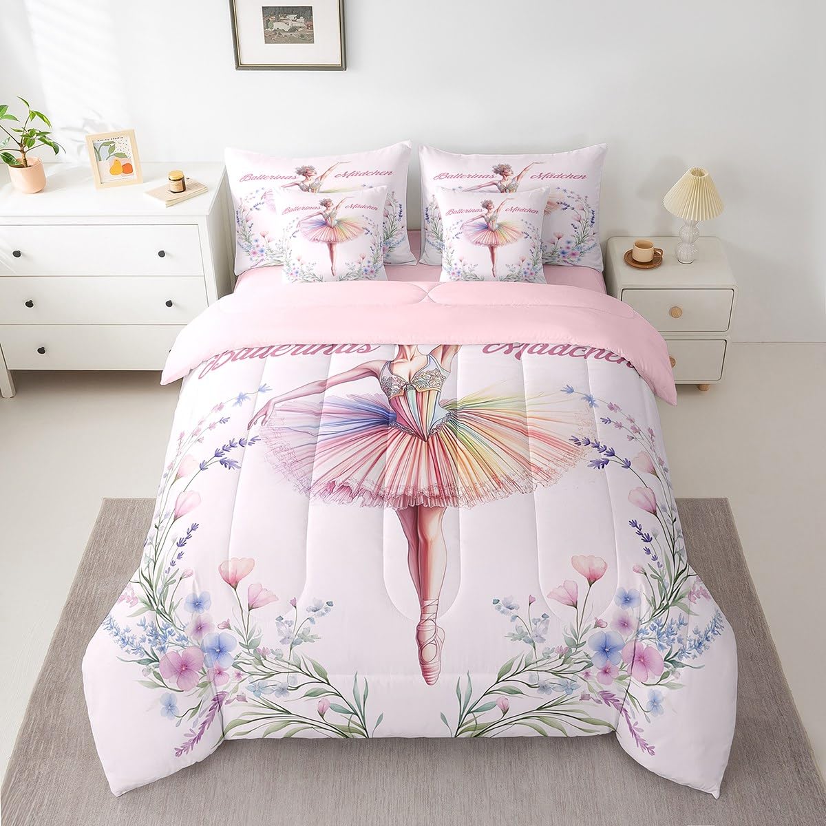 jejeloiu Love Gymnastics Bed Set Dancer 7 Pieces Bedding Set for Kids Groovy Flower Bed in a Bag with Comforter, Sheets, Pillowcases Ultra Soft Ballet All Season Breathable Lightweight Twin Size