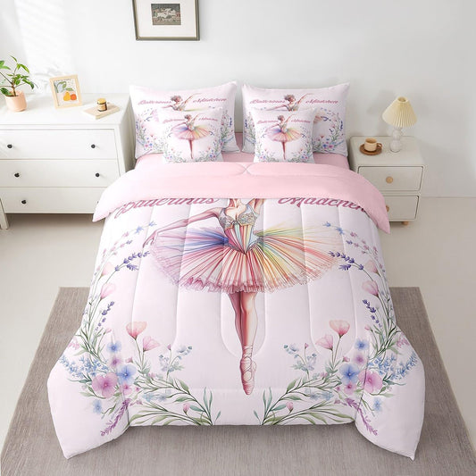 jejeloiu Love Gymnastics Bed Set Dancer 7 Pieces Bedding Set for Kids Groovy Flower Bed in a Bag with Comforter, Sheets, Pillowcases Ultra Soft Ballet All Season Breathable Lightweight Twin Size