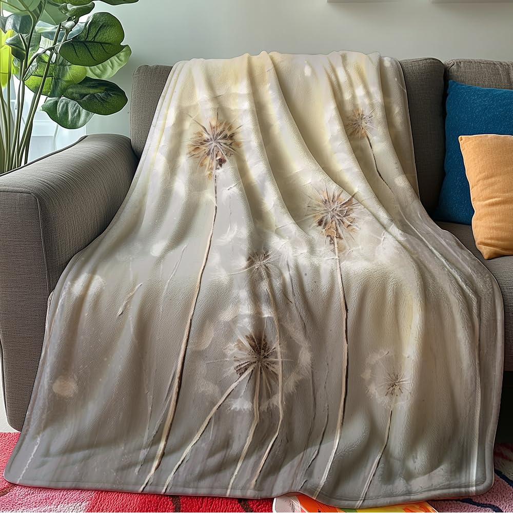 HUNXIAOJ Dandelion Throw Blanket Floral Print Blanket Dandelion Bedding Flower Throw Warm Soft Flannel for Girls Boys Woman Adults Bed Sofa Couch (60 in x 80 in)