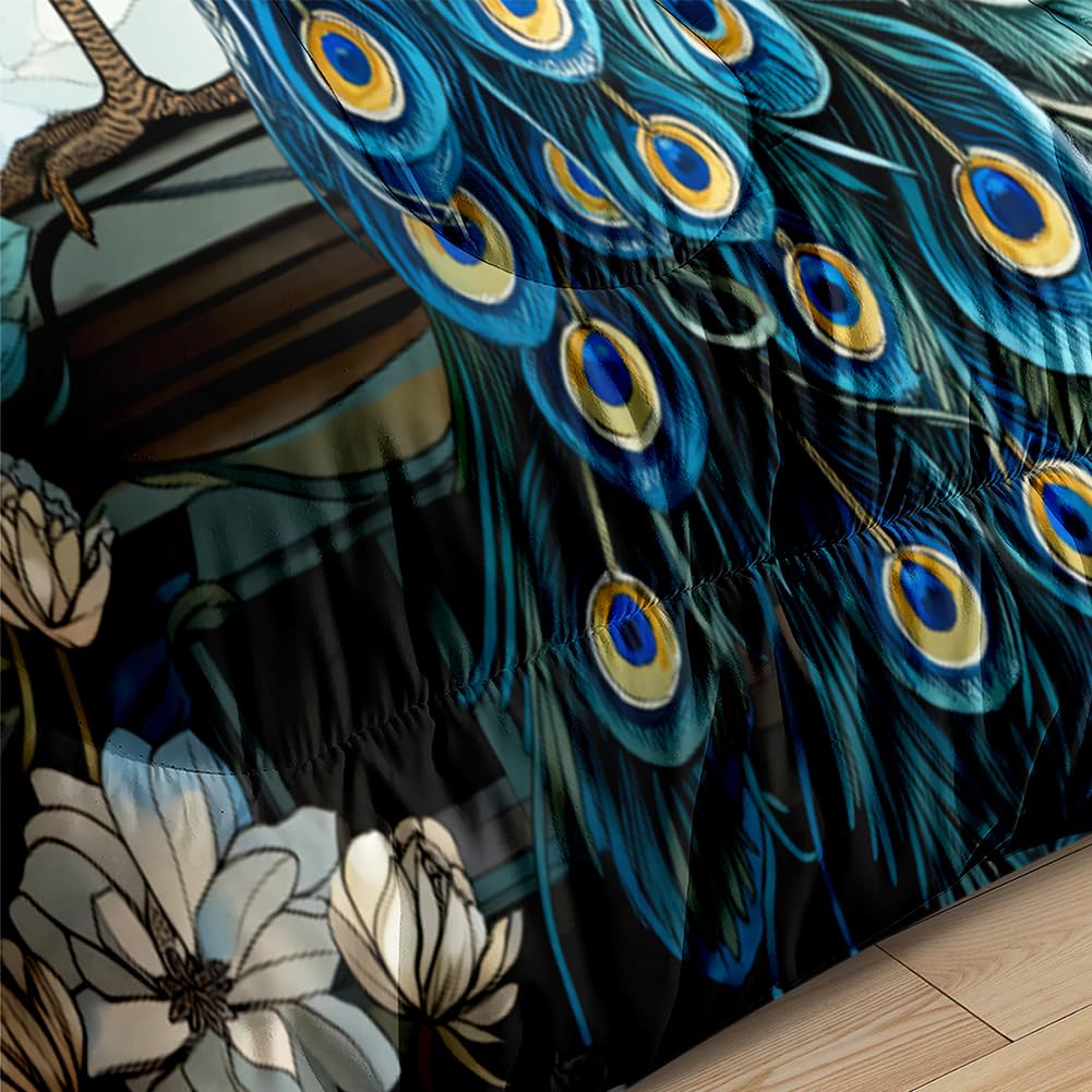CCoutueChen Blue Peacock Comforter Set King Size Bird and Floral Bedding Set Animal Feather Bedding Sets Victorian Style Flower Birds Comforters Soft Down Alternative Comforter Sets for All Season