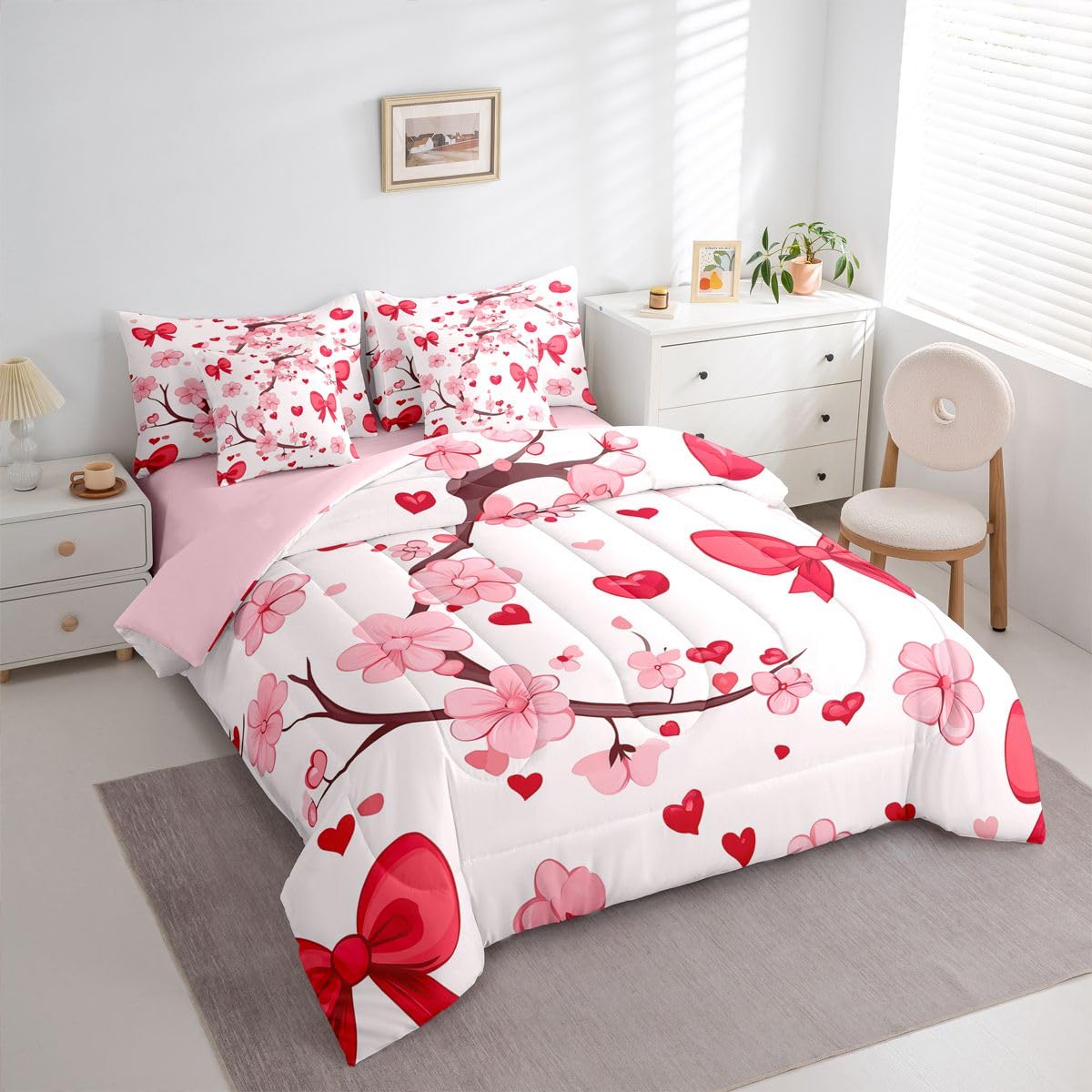 Erosebridal Pink Bowknot Queen Size Comforter Set,Cherry Blossom 7-Piece Bed in A Bag,Bowtie Heart Pattern Sheets and Pillowcases,Japanese Flower Pink Floral Branch Bedding Set Room Decor