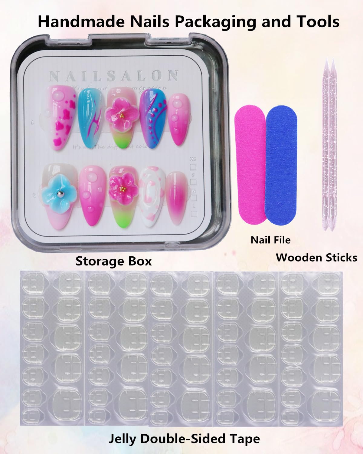 CAMILCY Luxury Handmade Press on Nails Almond Short 3D Floral Glossy Fake Nails Gradient Pink Blue Jelly Glossy Hand painted Reusable Salon Quality Acrylic Nails for Women 10pcs (A147, M)