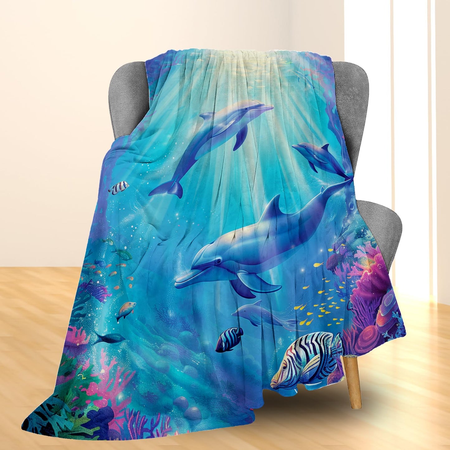Ti Caldi Magical Dolphin Underwater Scenery Blanket Cozy Flannel Throw Blanket - Soft, Lightweight & Fluffy - Perfect for Couch, Bed, Travel - Captivating Home Decor for Indoor & Outdoor Use 60"x50"