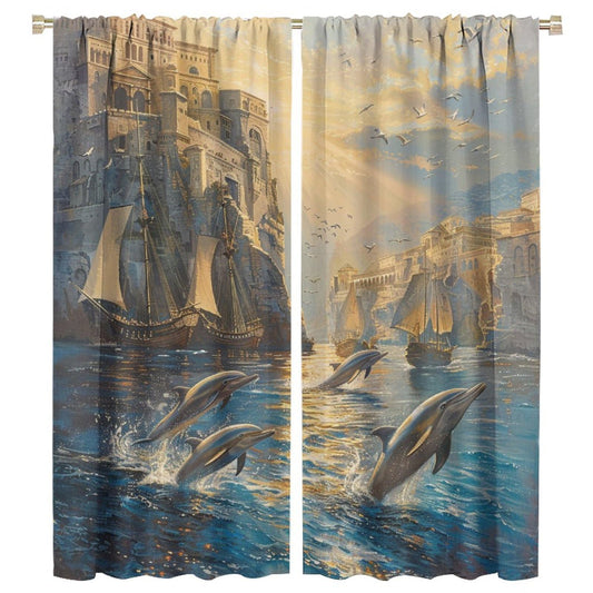 TOWINSFB Cute Dolphin Sailboat Blackout Curtains for Bedroom Living Room, Vintage Building Ocean Pirate Ship Thermal Insulated Room Darkening Curtain - 42" W x 45" L