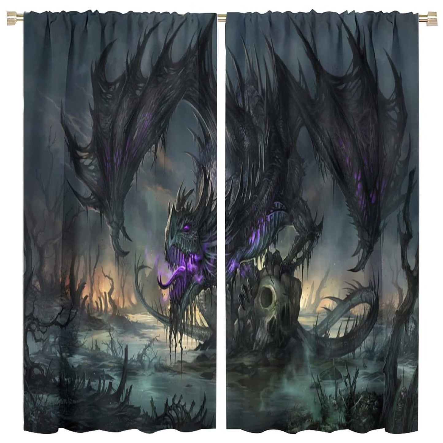 Game Room Curtain Black Dragon Curtain Skeleton Gothic Decoration Window Treatments Fantasy Dream Theme Blackout Window Curtain Rod Pocket Window Curtain Drapes for Living Room Bedroom 42x45in