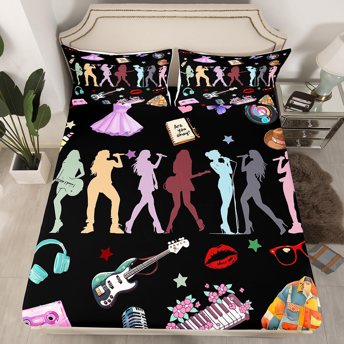 Erosebridal Music Theme Bed Sheets King Girls Singer Sheet Set for Kids Boys Girls Black Musicl Aesthetics Sheets Music Lovers Gifts Fitted Flat Sheets 4 Piece