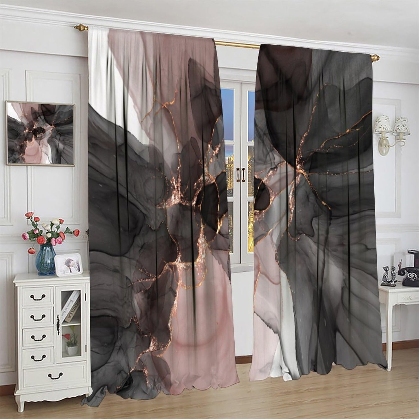 Marble Blackout Curtains Abstract Marble Modern Luxury Black Pink Gold Liquid Art Print for Girls Women Bedroom Living Room Decor Rod Pocket Window Drape 42x45in