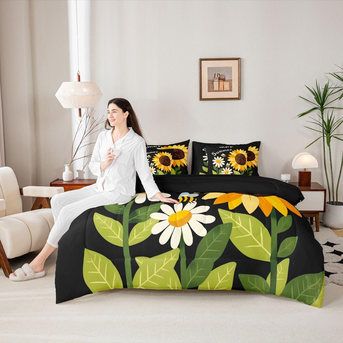 Erosebridal Summer Sunflower Bee Queen Bedding Set Retro Floral Bee Comforter Set with Flat and Fitted Sheet Kids Boys Girls Boho Garden 7-Piece Bed in a Bag Minimalist Floral Art Quilt Sets