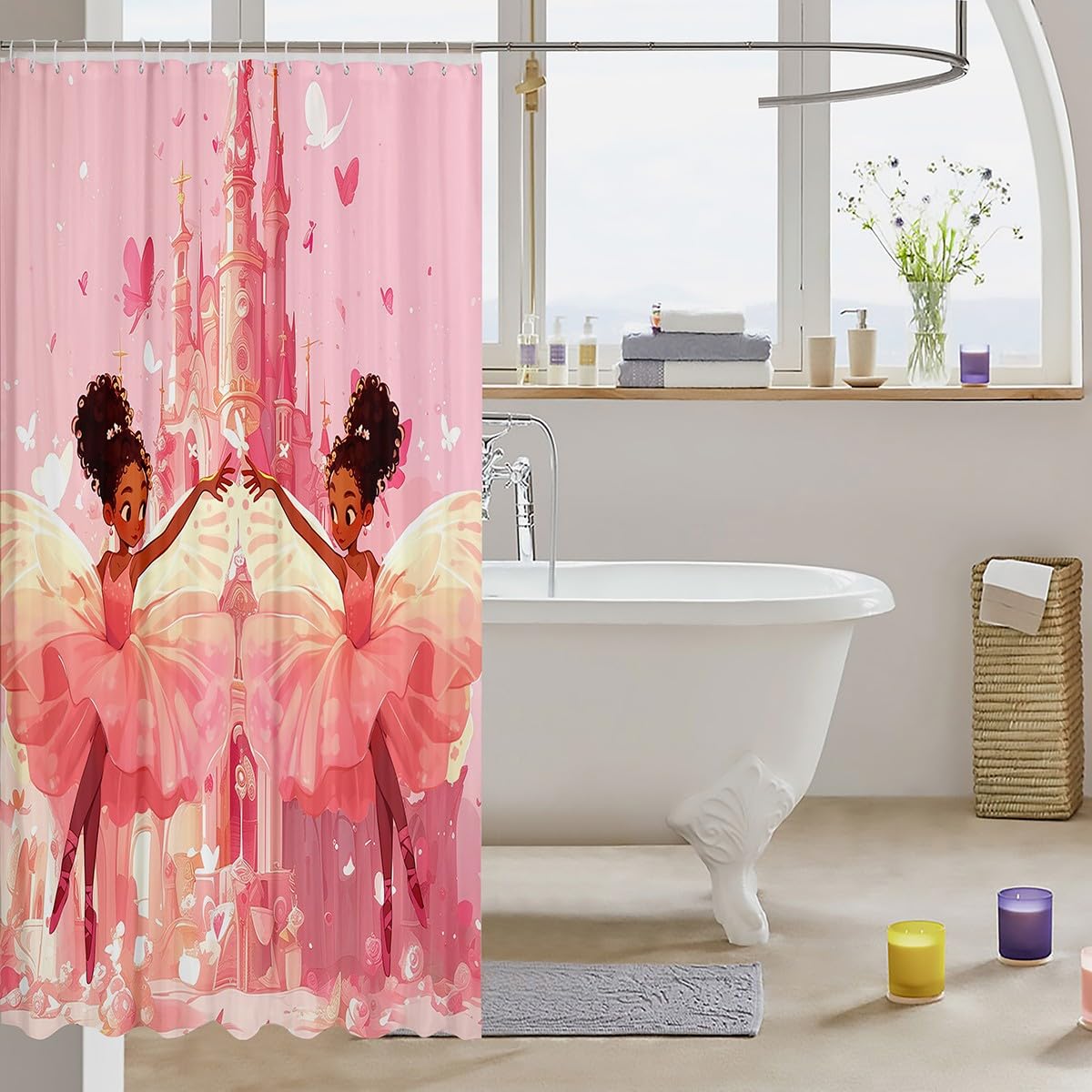 Cute Girl Shower Curtains Pink Castle Girl Bathroom Curtains for Kids Princess Room Decor, American Style Black Little Girl Waterproof Bath Curtains with 12 Hooks Suits for Bathtub, 72" W x 72" L