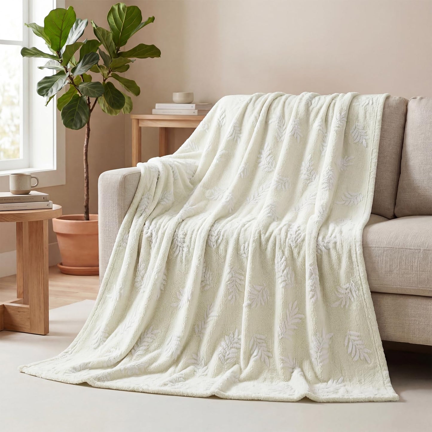 Horaldaily Leaves Flannel Blanket Throw, Beige Leaves Soft Fuzzy Plush Cozy Fleece Blankets for Couch Sofa Bed Lounging, Ideal Gifts for Kids Adults Self, 60x80