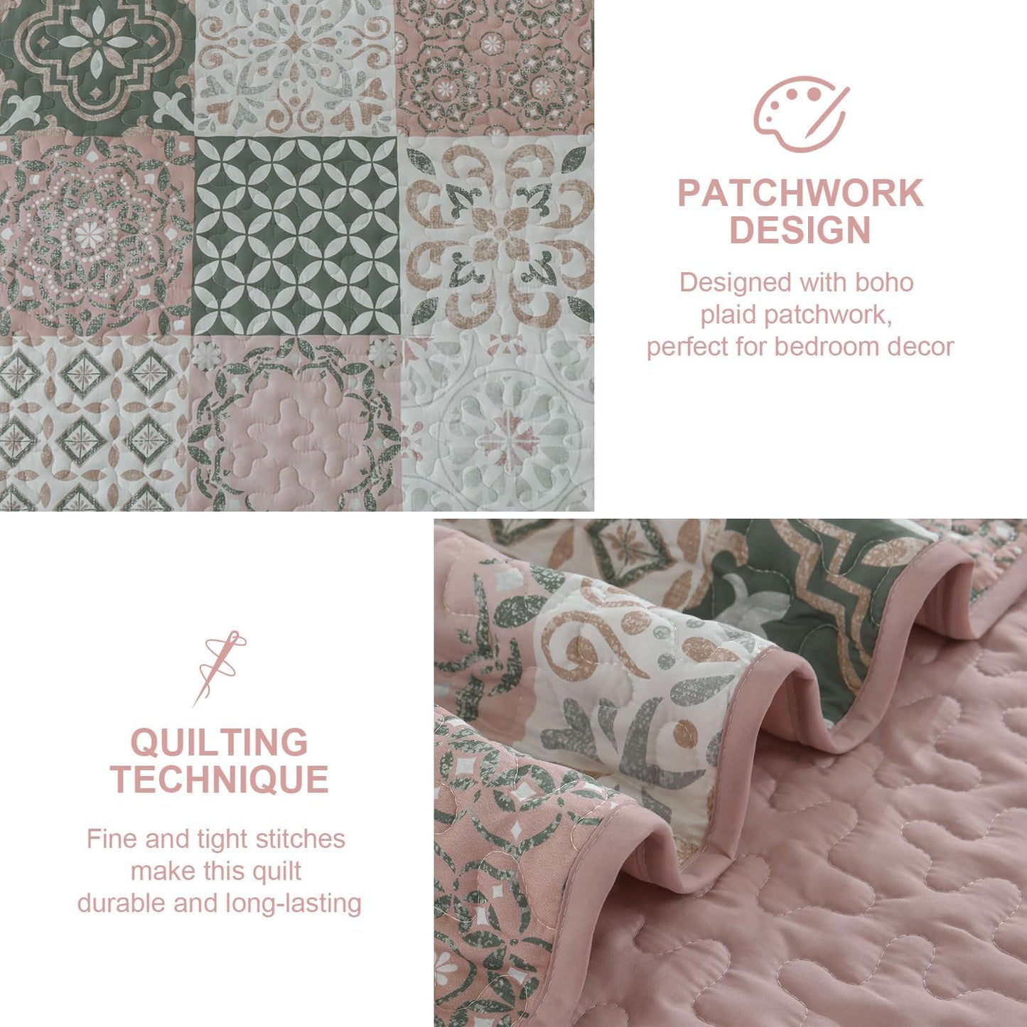 Dobuyly Blush Quilt Set Queen Size, Boho Patchwork Plaid Bedspread Coverlet Set, 3 Pieces Soft Microfiber Farmhouse Quilt Bedding Set Lightweight Bed Cover for All Seasons 96"x90"