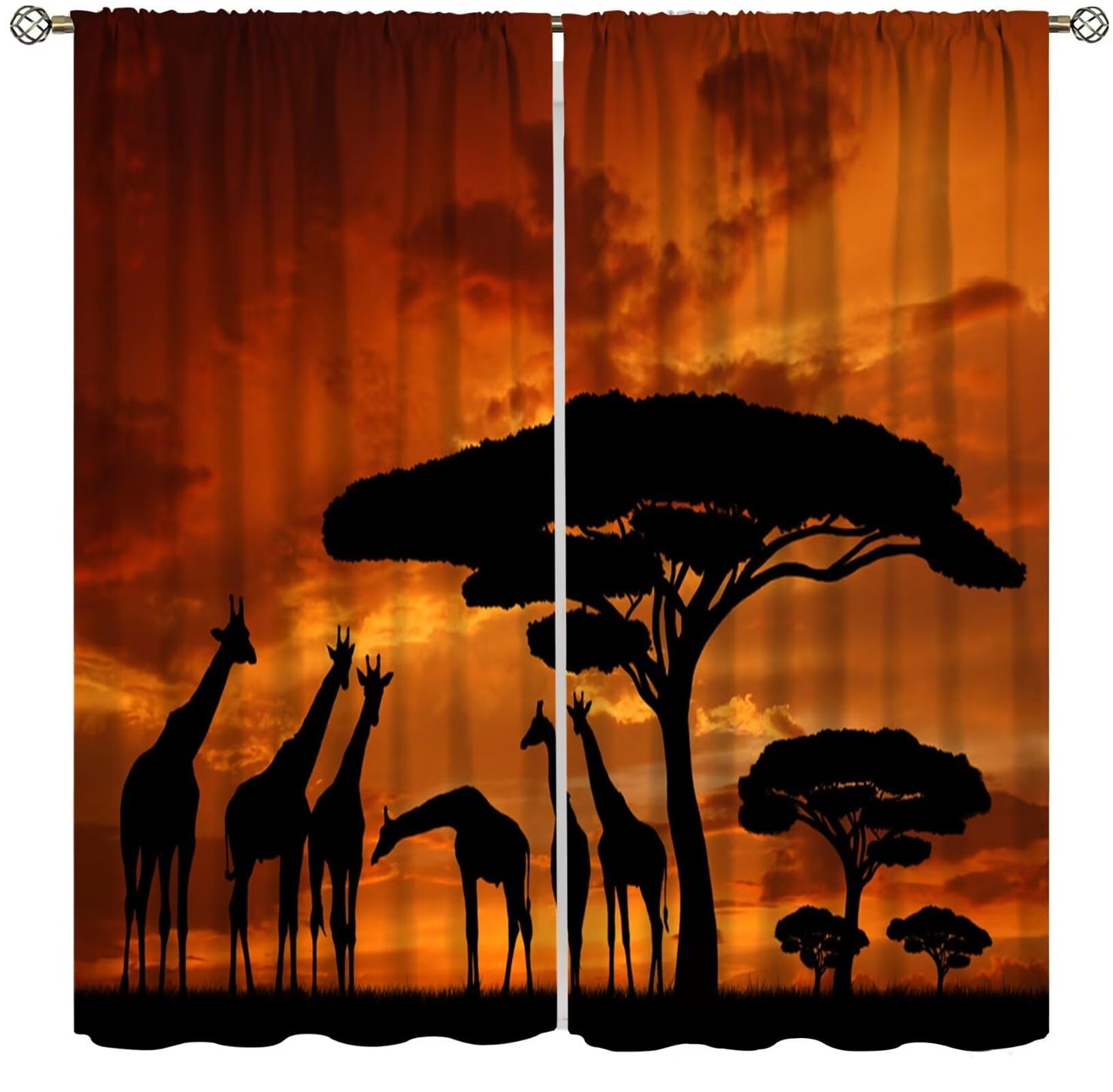Africa Curtains, Savannah Animal Giraffe and Majestic Tree at Sunrise in Kenya, Living Room Bedroom Rod Pocket Blackout Window Drapes Burnt Orange and Black 42" W X 45" L