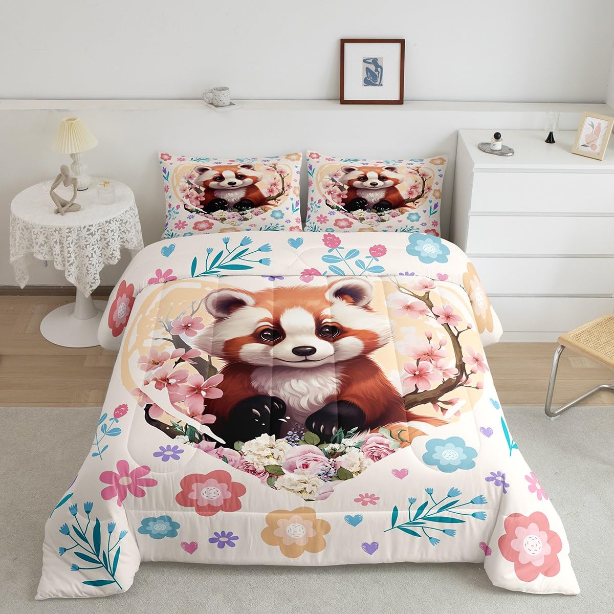 Manfei Red Panda Twin Size Comforter Set for All Seasons,Nature Wild Animal Cherry Blossom Bedding Set Bedroom Decor,Cute Flowers Leaves Yellow Heart Graffiti Comforter Inner Fill with 1 Pillow