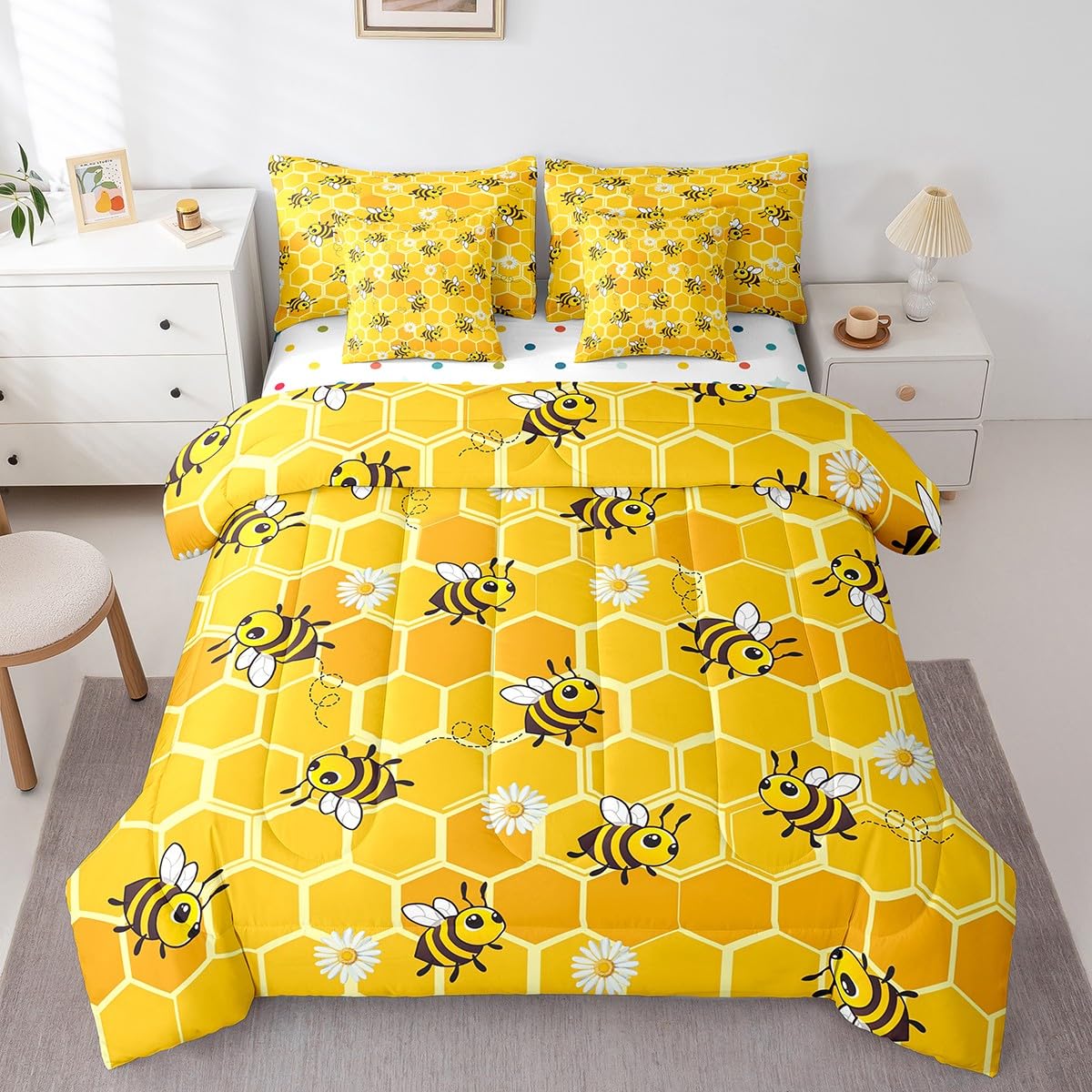 Erosebridal Cute Bee Comforter Set 7 Piece Bed in a Bag Twin,Hexagon Beehive Honeycomb Bedding Sets Rustic Daisy Flowers Comforter and Sheet Set,Cartoon Honeybee Wild Animal Bed Set