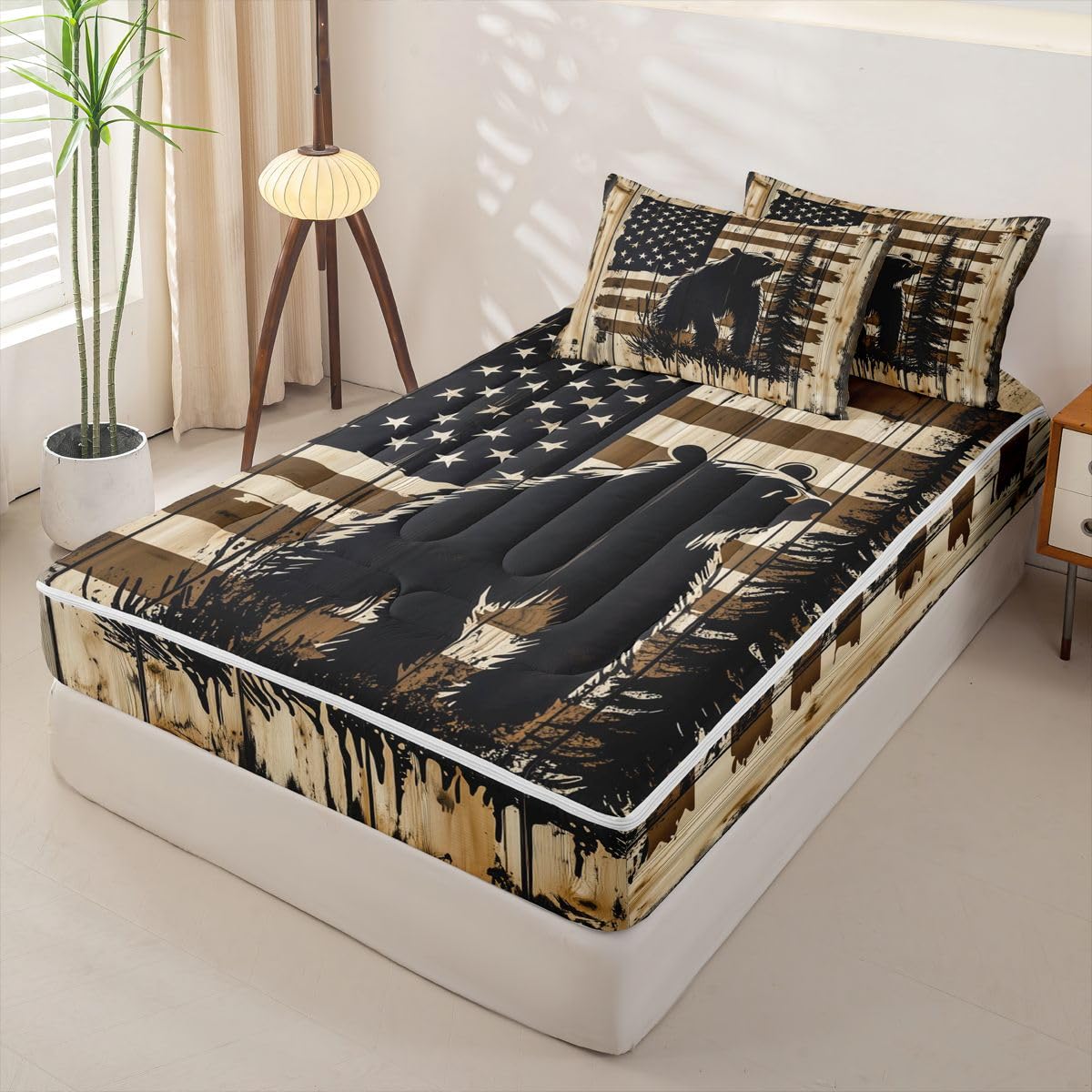Feelyou Bear Zipper Bedding for Kids Wild Animal Twin Comforter Set with Fitted Sheet 2 Pillowcases American Flag Bed in a Bag Soft Lightweight Microfiber