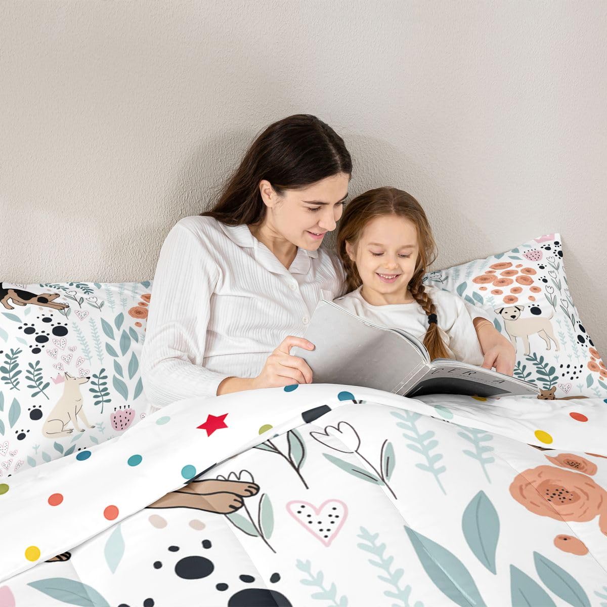 Erosebridal Kawaii Dog Bedding Set,Cartoon Puppy Dog Comforter Set Twin,Cute Love Heart Leaf Flower Comforter Set for Kids Girls Boys,Paw Print Pet Animals Quilt Duvet Insert with 1 Pillow Case