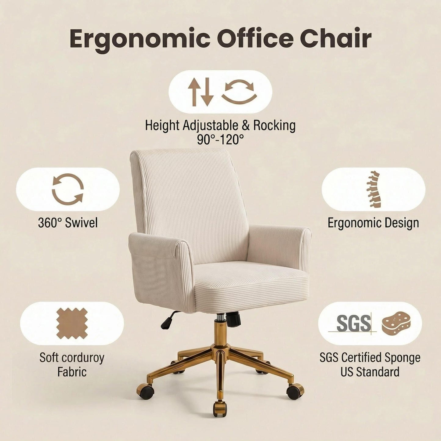 Stripes Velvet Home Office Desk Chair, Accent Upholstered Modern Height Adjustable Swivel Chair with Wheels,Ergonomic Task Chair for Living Room,Bedroom,Vanity,Study,Office（Cream）