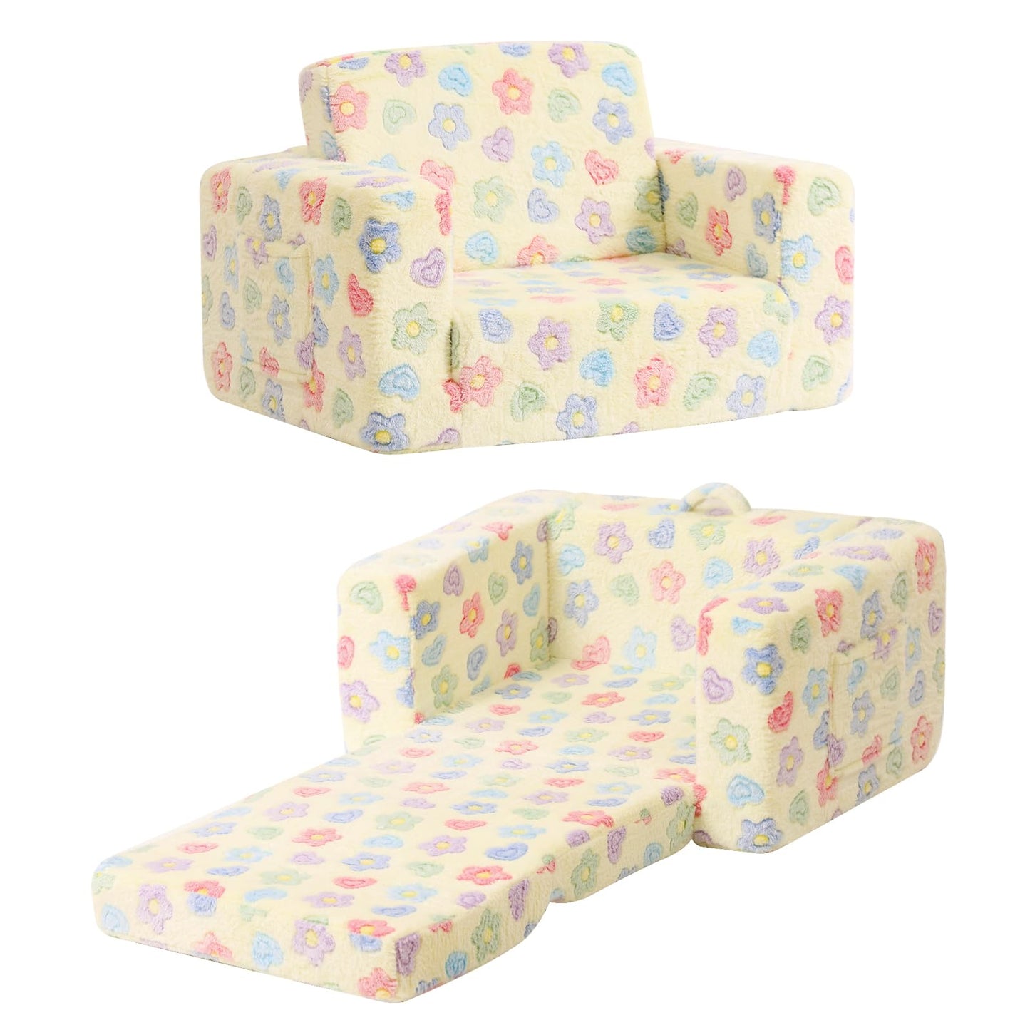 Tiita 2-in-1 Kids Sofa, Convertible Children Couch to Lounger, Flip Out Kids Chair, Toddler Armrest Chair Bed, Folding Kid Play Sofa for Girl or Boy, Flower