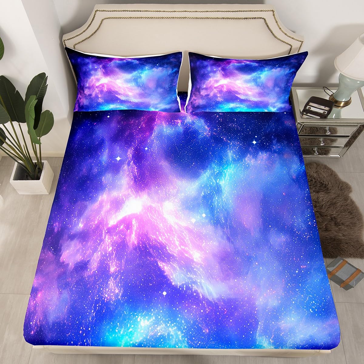 Purple Galaxy Bedding Set Twin Kids Teens Girls Boys Starry Sky Fitted Sheet Space Universe Star Design, Soft Breathable Home Decorative 2 Pcs Bed Sheets with 1 Pillowcase,Top Sheet not Included