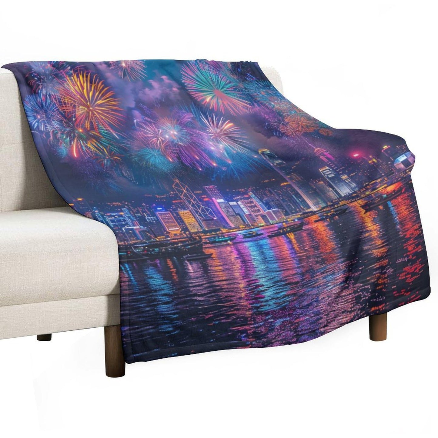 TOWINSFB Modern Cityscape Firework Throw Blanket, Soft Cozy Warm Flannel Colorful Building Night Scenery Blanket for Couch Sofa Bed, 30"x40"