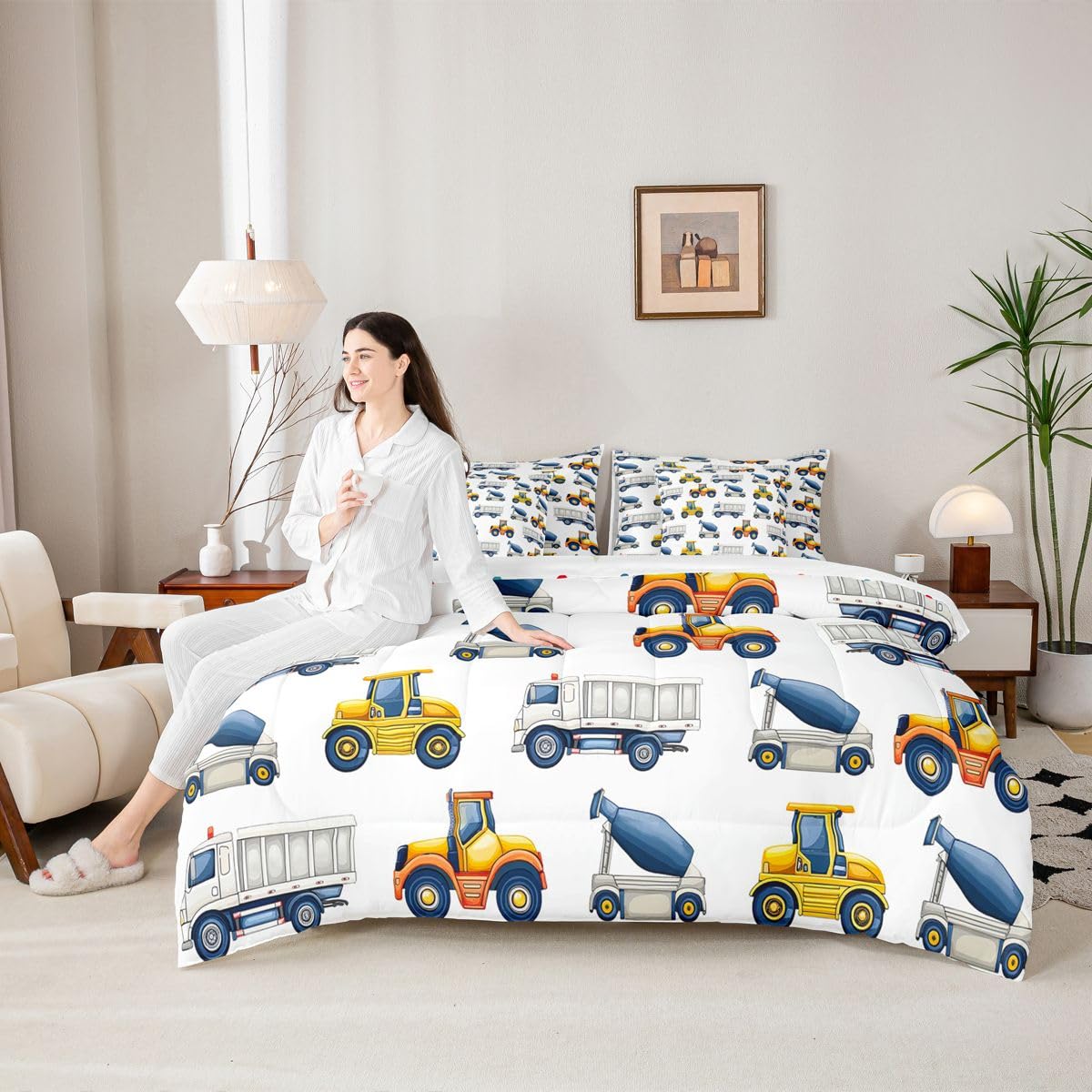 jejeloiu Excavator Comforter Set Twin Size 7 Pieces Construction Vehicles Bedding Set Equipment Trucks Bed in a Bag with Comforter, Sheets, Pillowcases, Cushion Covers Bedroom Decor