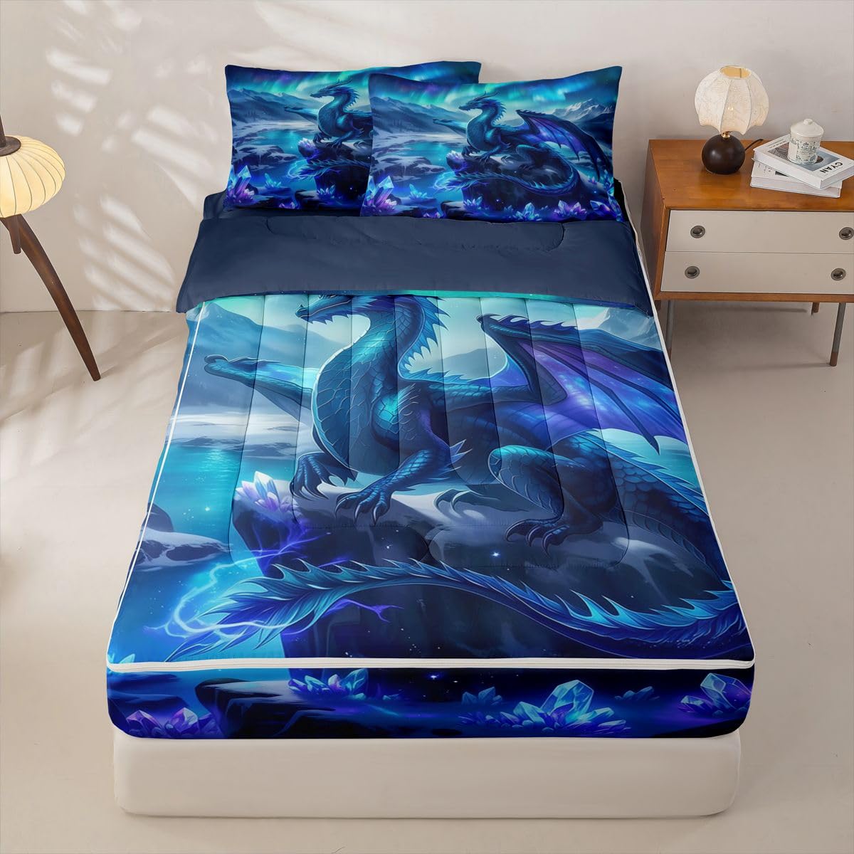 jejeloiu Flying Dragon Comforter Set Twin Fantasy Animal Zipper Bedding Set for Kids Boys Girls Outer Space Galaxy Bed in a Bag Aesthetic Aurora Microfiber with 2 Pillow Cases