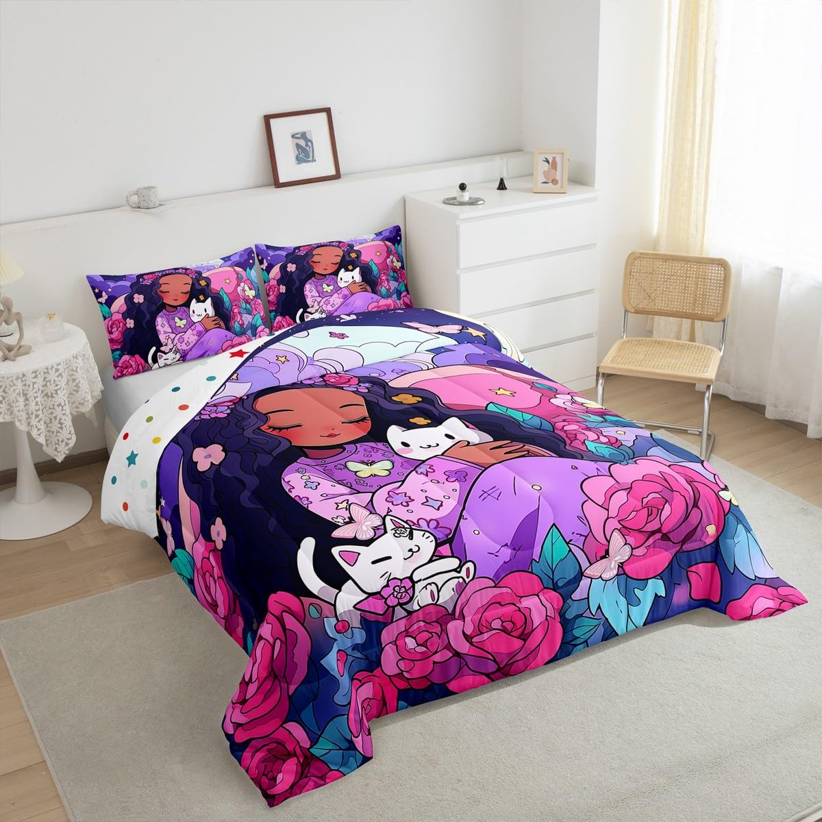 Erosebridal Black Girls Bedding Set Afro Girl Twin Comforter Set for Girls,Cat Flowers American African Princess Magical Quilt for Toddler Kids Teenager,Cute Room Decor