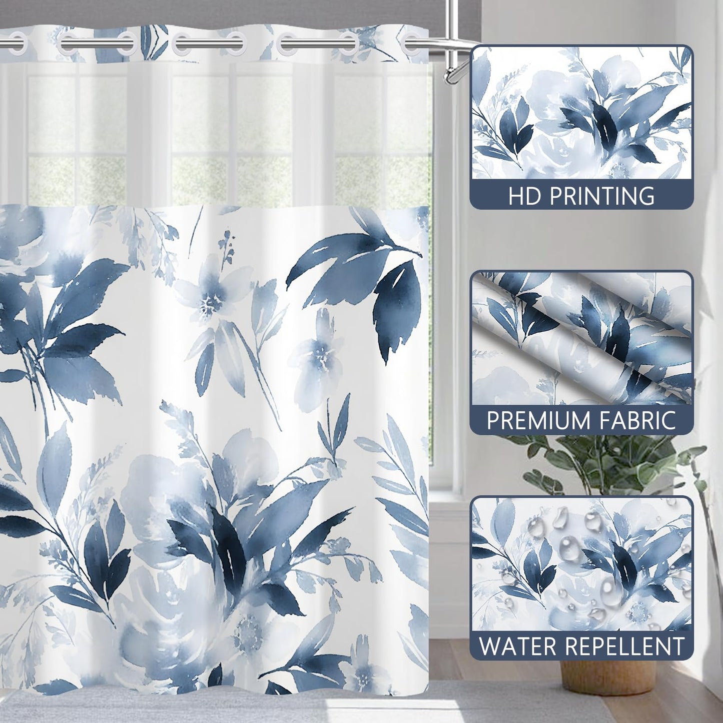 NAEMBCU No Hook Shower Curtain with Snap in Liner 71x74 Inch