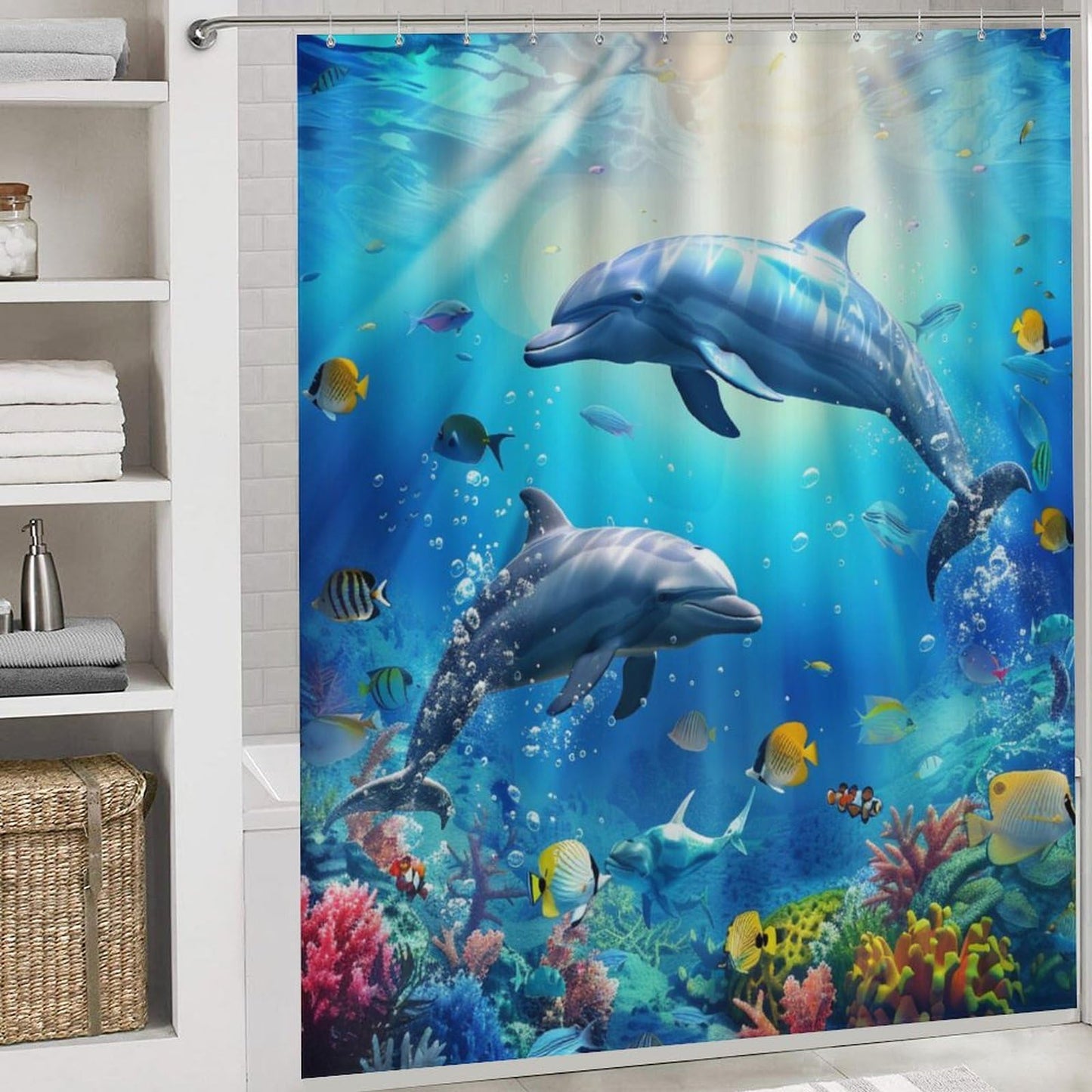 HDESDIS 4Pcs Blue Dolphin Shower Curtain Set, Non-Slip Rug Toilet Lid Cover Bath Mat, Ocean Tropical Fish Coral Reef Bathroom Shower Decor Set Accessory, 72" x 72"