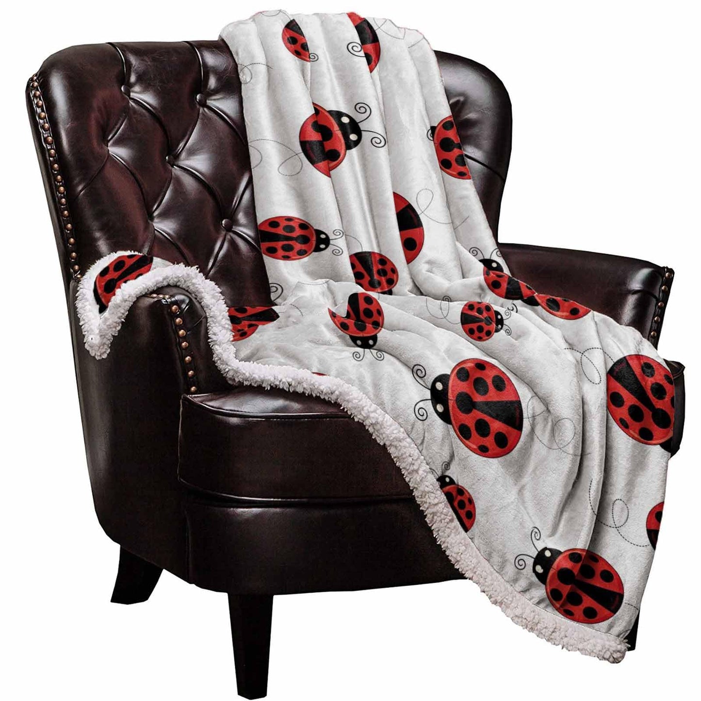 Ladybug Sherpa Fleece Luxury Blanket - Warm & Cozy Super Soft Reversible Throw, 40"x50", Red Ladybug on White Background