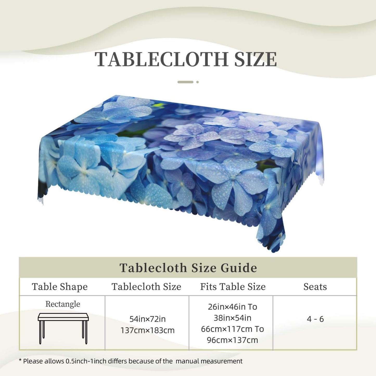 DRAVVIX Blue Hydrangea Flower Rectangular Tablecloth Floral Table Cloth with Wavy Lace Decoration Polyester Table Cover for Dining, Parties 54x72 inch