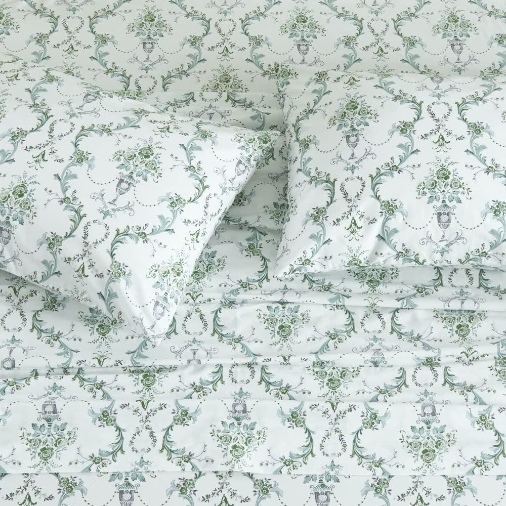 DAUAOTO 100% Cotton Bedding Printed Sheets Set for Full Size Bed Up to 14" Deep Mattress, Botanical Vines Pattern Bedlinen Sets, Green