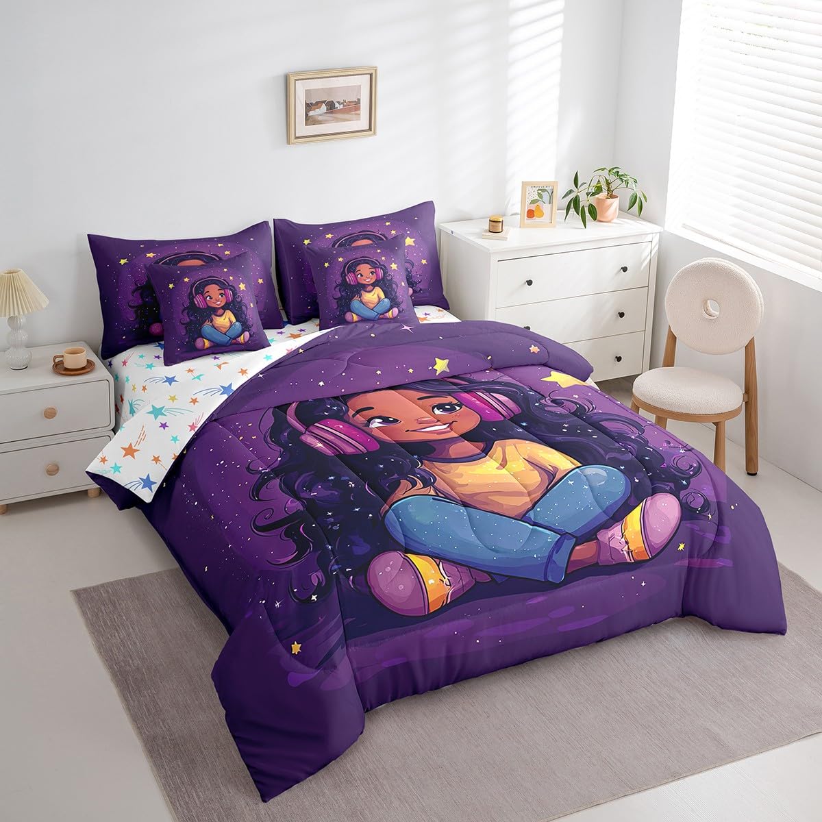 jejeloiu Kids Cute Black Girl Comforter Set 7 Pieces Full Size African American Girl Bedding Set Music Star Print Bed in a Bag with Comforter, Sheets, Pillowcases & Cushion Covers（No Glitter）