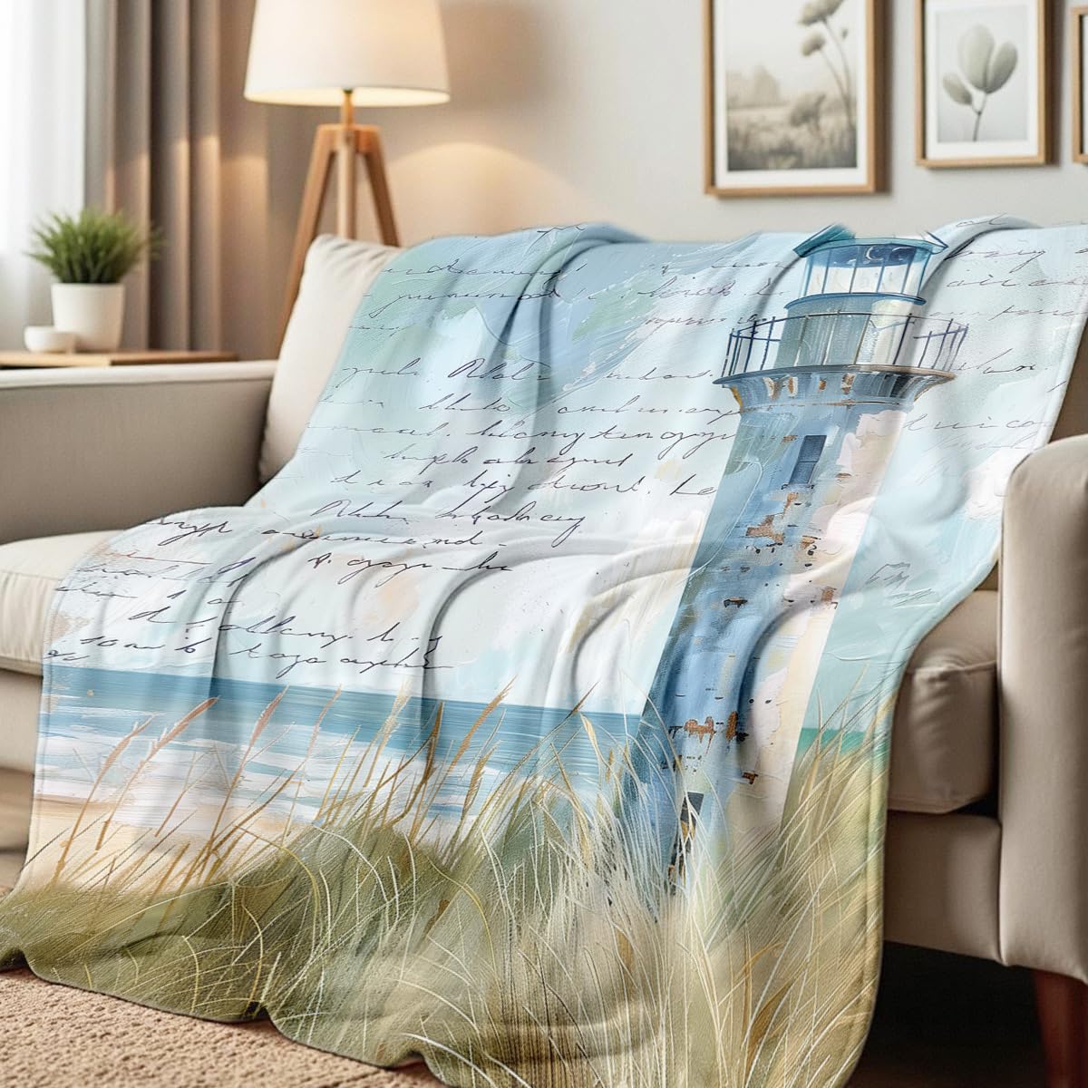 HUNXIAOJ Lighthouse Print Throw Blanket Coastal Flannel Blanket for Couch Bed Nautical Lighthouse Throw Soft Bedding Beach Bedroom Decor Gifts (49"x59")