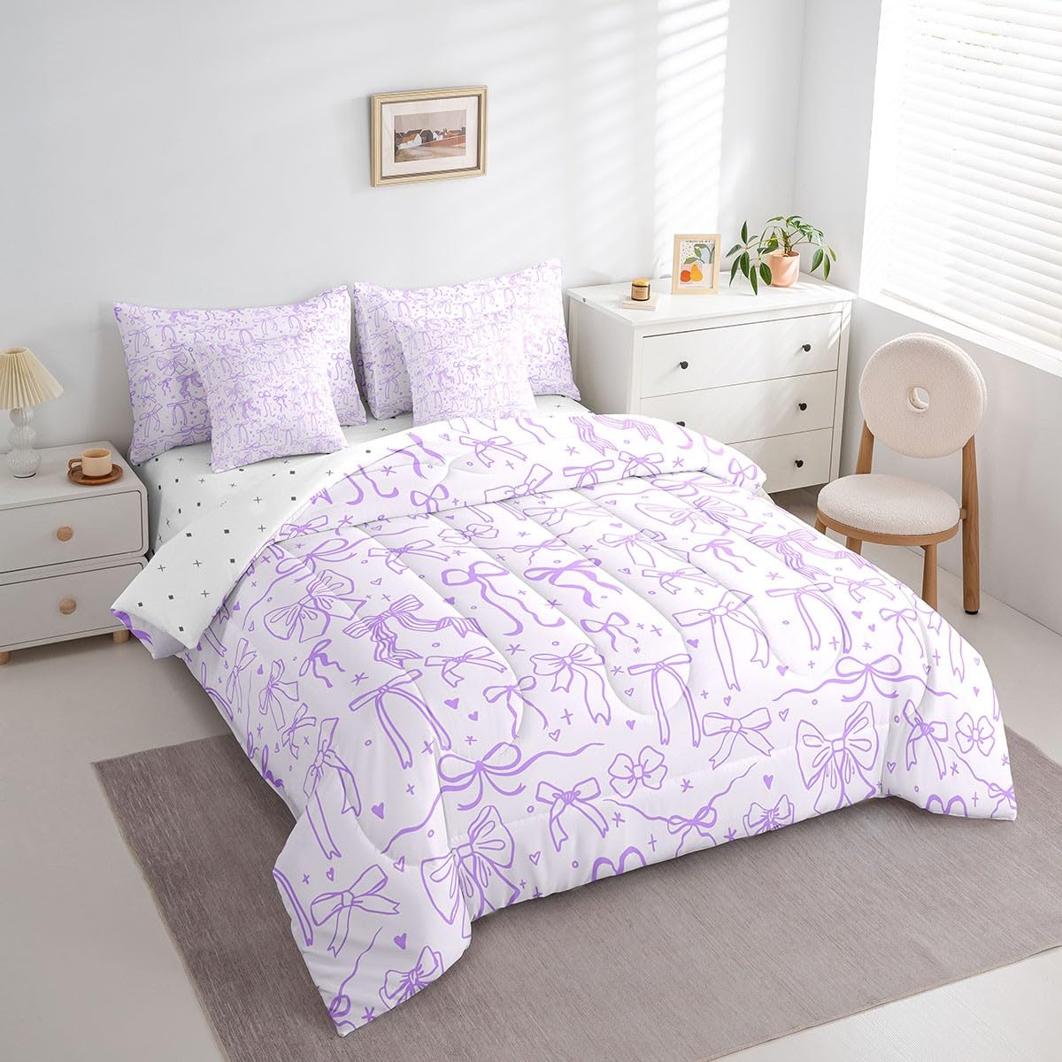 7 Pieces Kids Comforter Full Size,Purple Bow Comforters Cartoon Bowknot Bedding Butterfly Knot Princess Girl Bed Sets,Bow Star Love Girly Comforter Fitted Flat Sheet Pillowcase Throw Pillow Cover