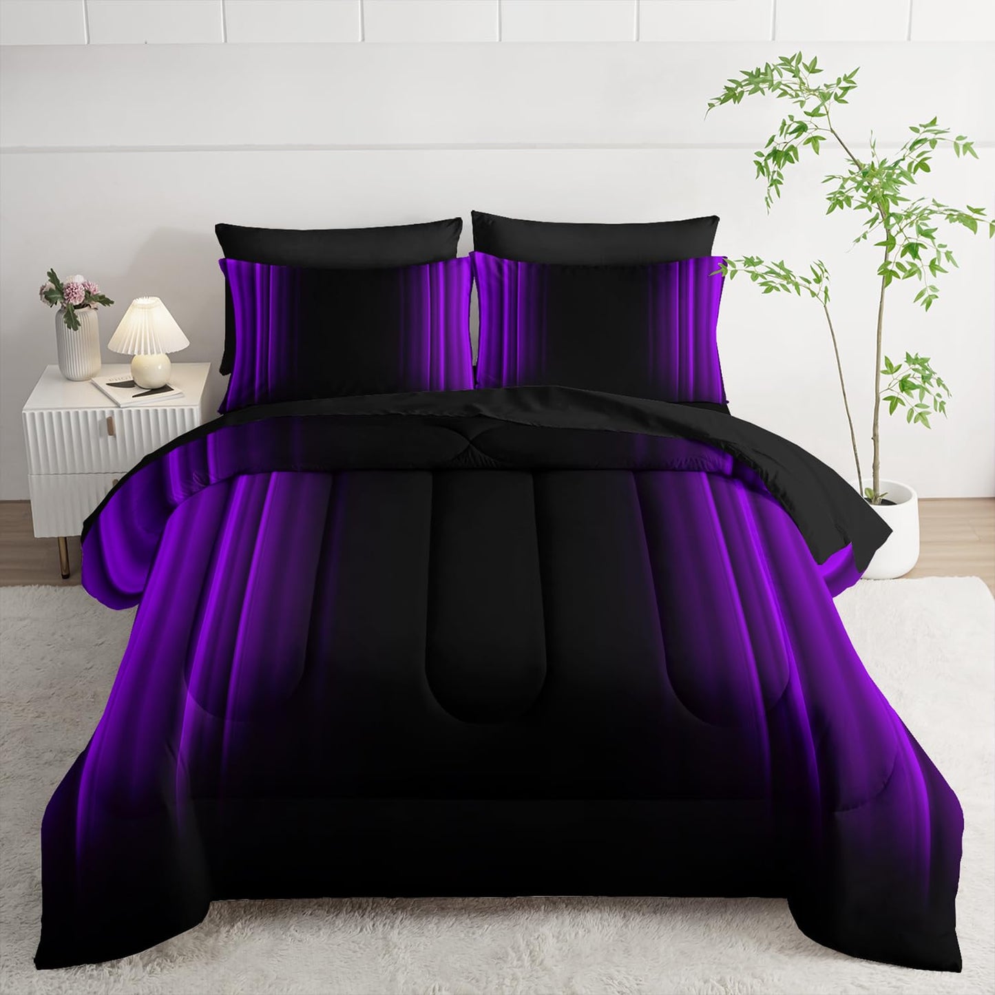 Nttopship Purple and Black Bedding Set King Size Abstract Ombre Comforter Set Bedding Set 7 Piece in A Bag,Dark Quilt Set Mordern Art Decor All Seasons with Pillowcases,Flat, Fitted Sheet