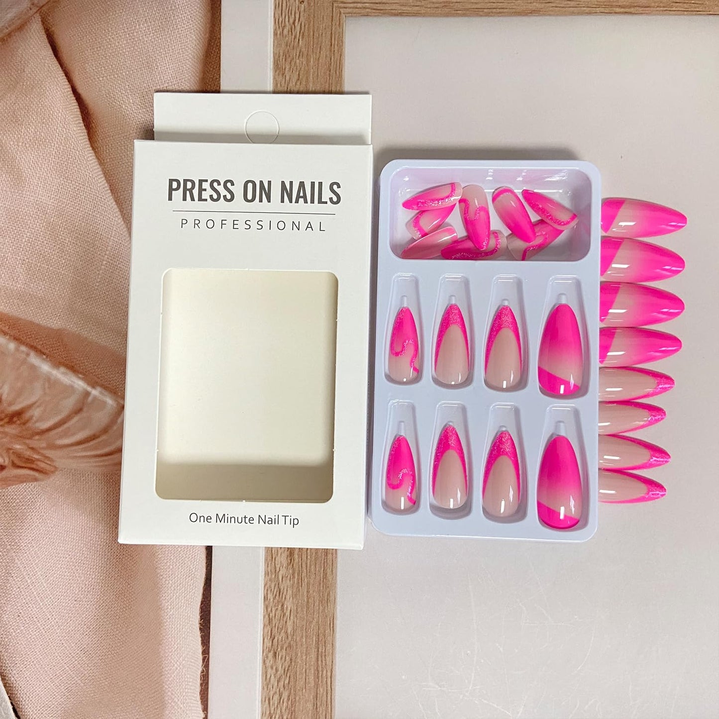 Hot Pink Gradient French Tip Press on Nails Medium Almond Fake Nails Pink Glitter Designs False Nails Full Cover Stick on Nails Reusable Acrylic Artificial Nails Glue on Nails for Women 24Pcs