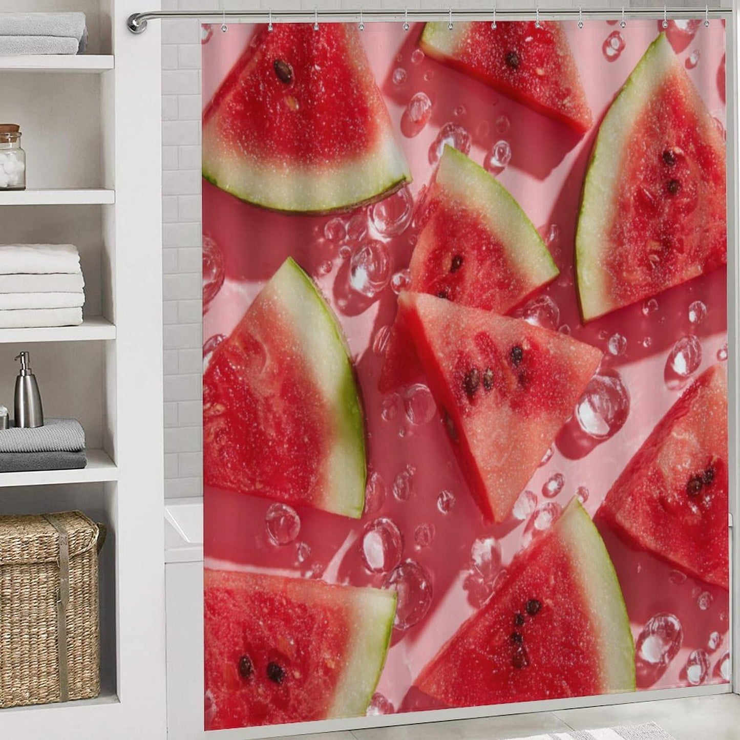 INSFBRB Modern Realistic Watermelon Shower Curtain Sets with Rug,Toilet Lid Cover and Bath Mat,Colorful Rustic Summer Fruit Watermelon 4 Piece Bathroom Set