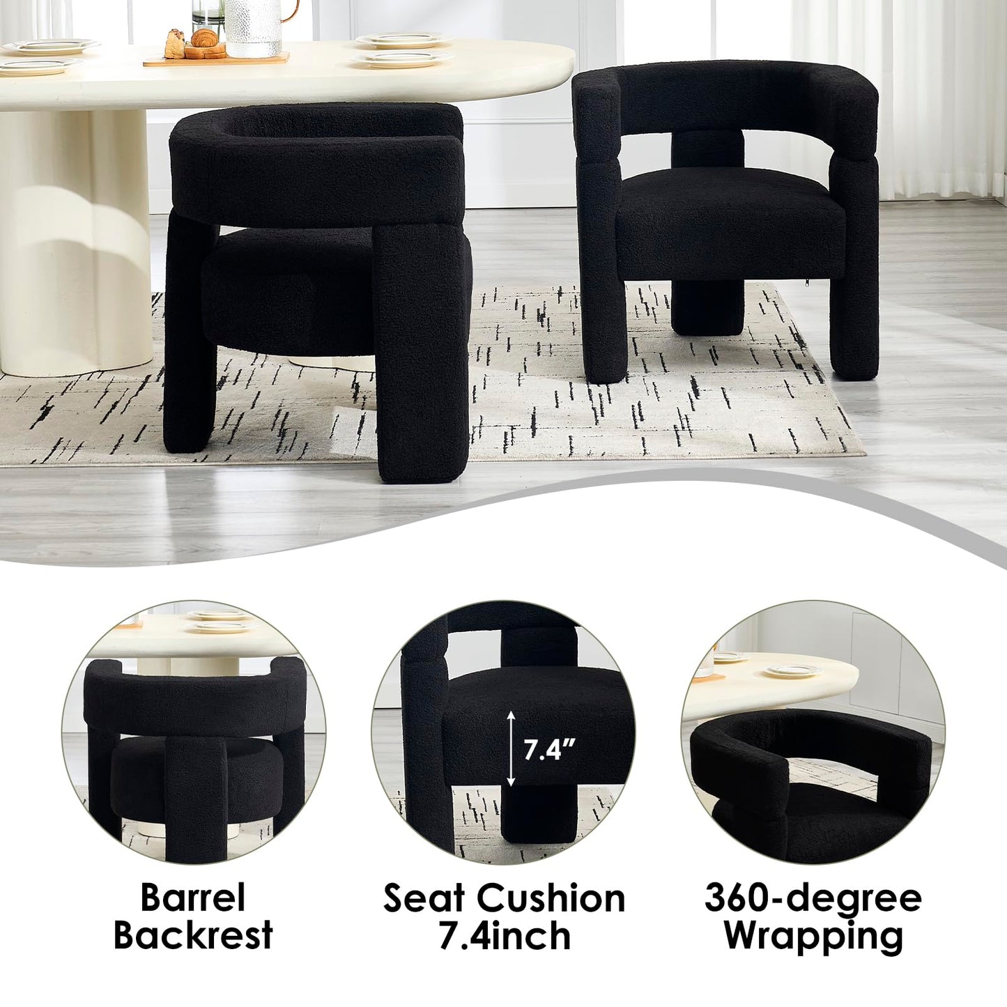 KHISCHMO Sherpa Boucle Accent Chair, Mid Century Modern Dining Room Chair, Comfy Upholstered Side Armchair Cute Barrel Side Chairs with 3 Legs for Bedroom/Kitchen/Living/Balcony/Reception,Black