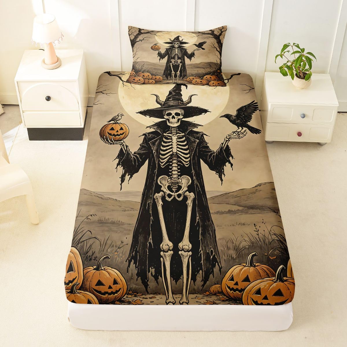 Erosebridal Halloween Skeleton Bed Sheets Twin Size Raven Full Moon Sheet Set Kids Adults Harvest Pumpkin Bedding Set Rustic Spooky Western Art Sheets