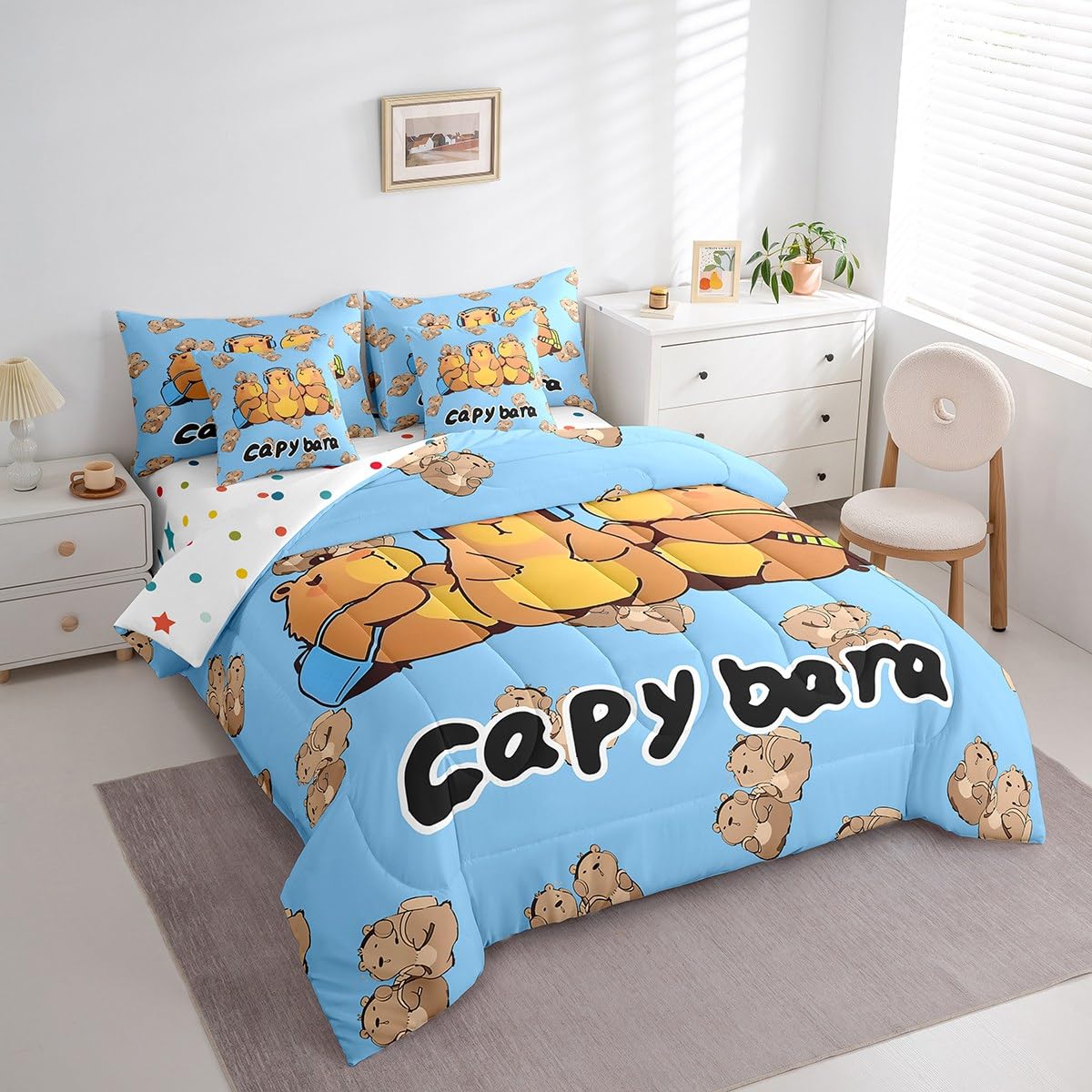 Kawaii Capybara Comforter Set 7 Piece Bed in a Bag Twin, Cartoon Rodents Bedding Sets Cute Beaver Wild Animals Pattern Comforter and Sheet Set, Wild Safari Natural Theme Wildlife Print Bed Set, Blue