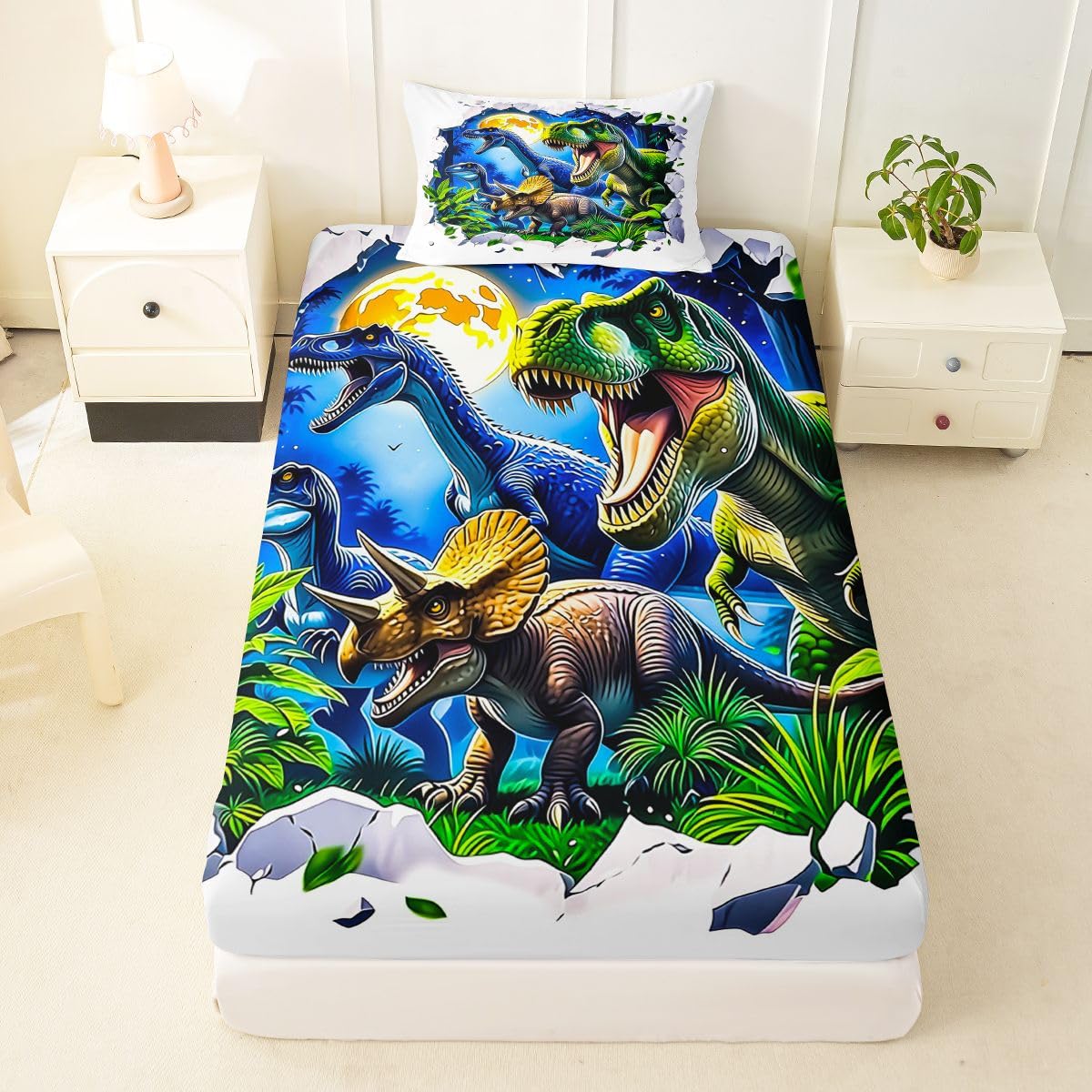 Feelyou Dinosaur Bed Sheets Set Twin Size 3D Digital Print Deep Pocket Fitted Sheet Jungle Dino Bedding Sets Wild Animal Soft Bed Set 3Pcs with 1 Pillow Cases White Green Blue