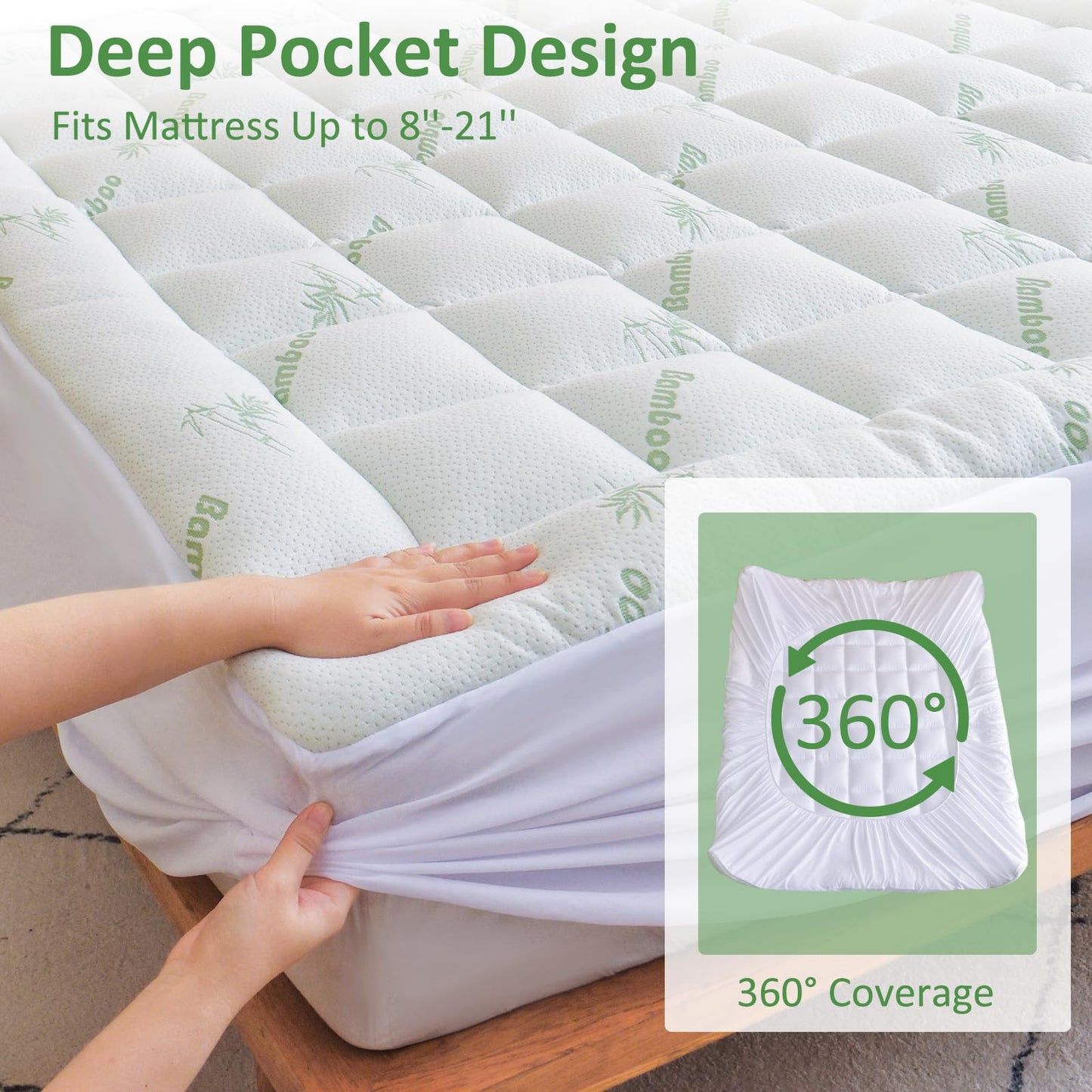 Bioeartha Cooling Mattress Topper King – Extra Soft Pillow Top Mattress Pad, Breathable Viscose Made from Bamboo Mattress Protector for Back Pain Relief, Deep Pocket Cover Fits 8–21 Inch