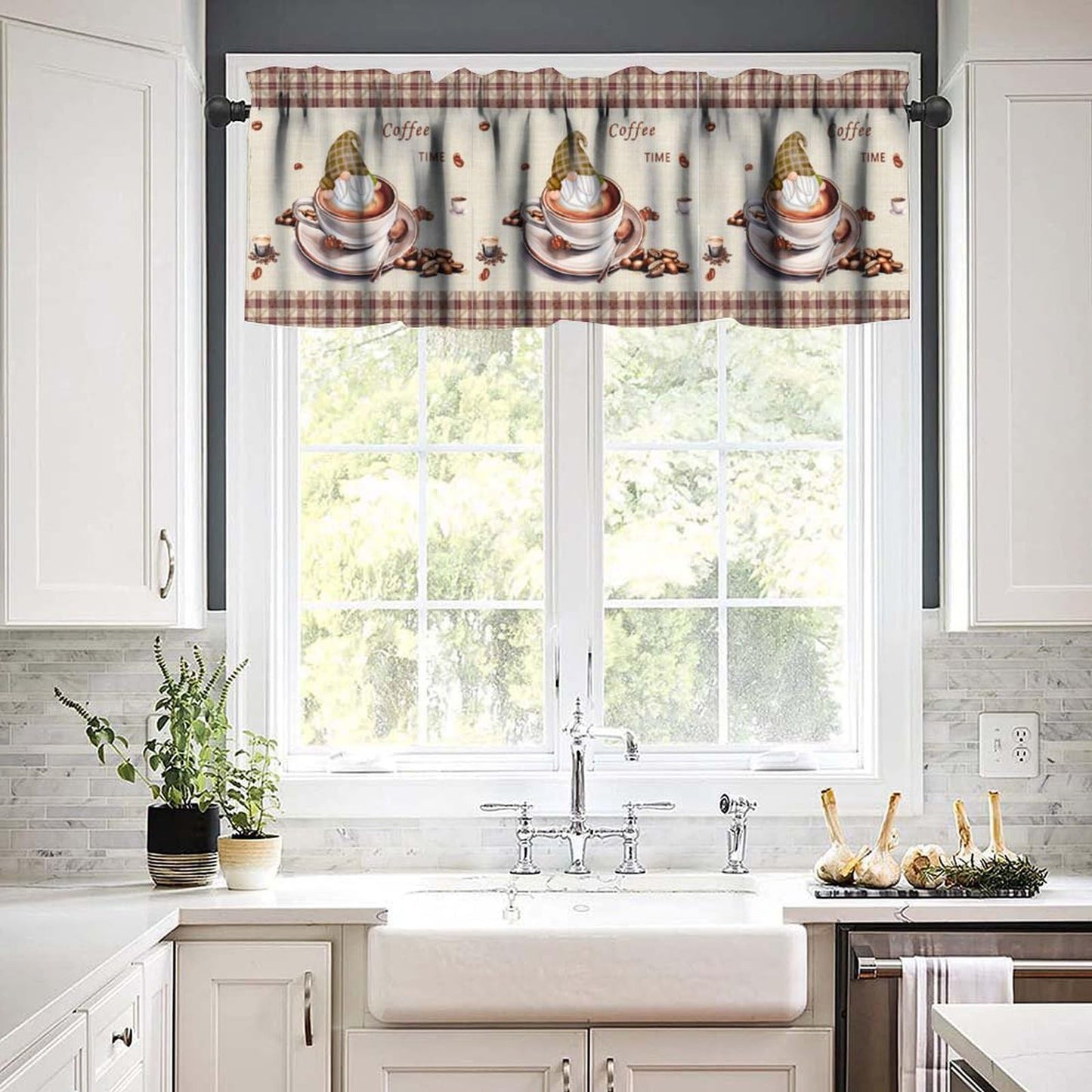 AAVEUP Coffee Valance Curtains for Kitchen,Cartoon Fun Country Cappuccino Elf Coffee Bean Time Window Valances Short Panel Blackout Treatment Drapes for Bathroom Bedroom Cafe Restaurant 54x 18 in