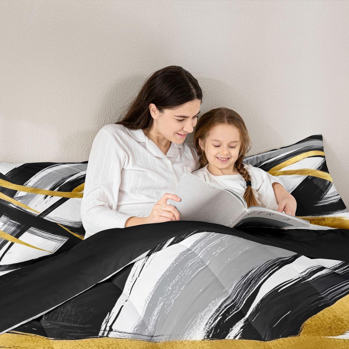 jejeloiu Black Gold Comforter Set Queen Size Geometric Bedding Set for Kids Boys Girls Stripe Line Duvet Quilt Modern Abstract Bedroom Decor Microfiber 3 Pcs with 2 Pillow Cases