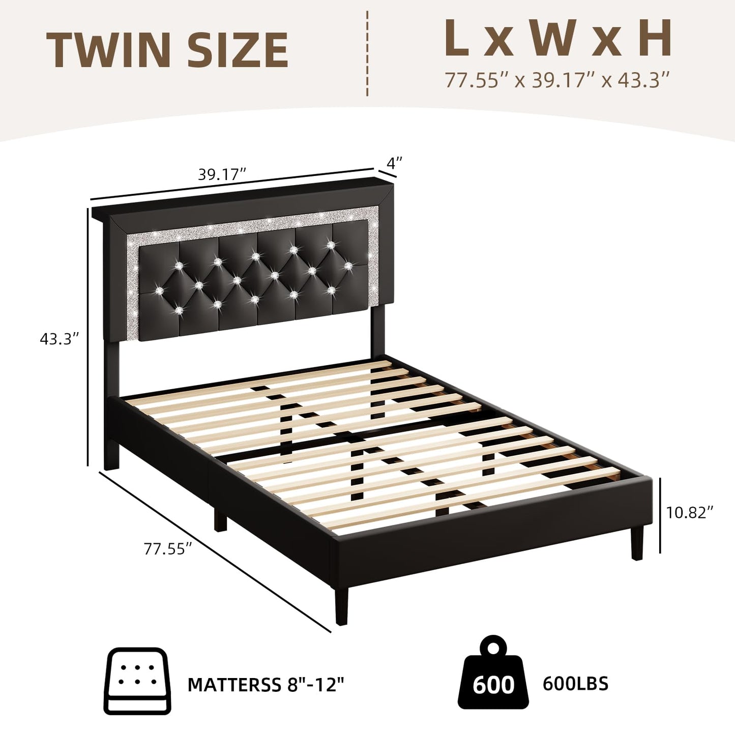 Twin Bed Frame with Storage Headboard, Upholstered Platform Bed Frame with Diamond Tufted Headboard and LED Lights, Wooden Slats Support, Noise Free, No Box Spring Needed, Easy Assembly, Black